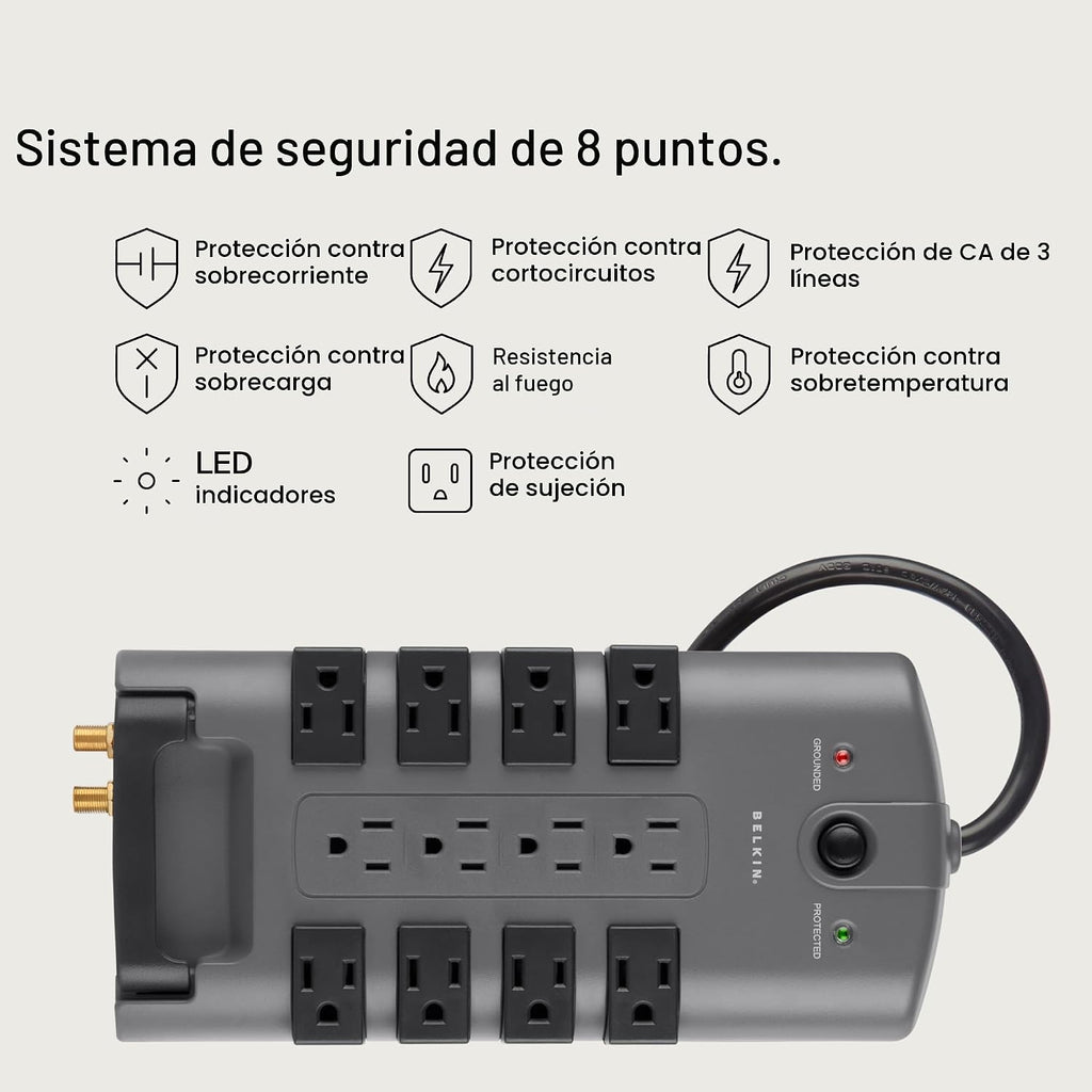 Regleta giratoria con protección contra sobretensión y protección para teléfono con cable de 6 pies de Belkin Estándar Gris