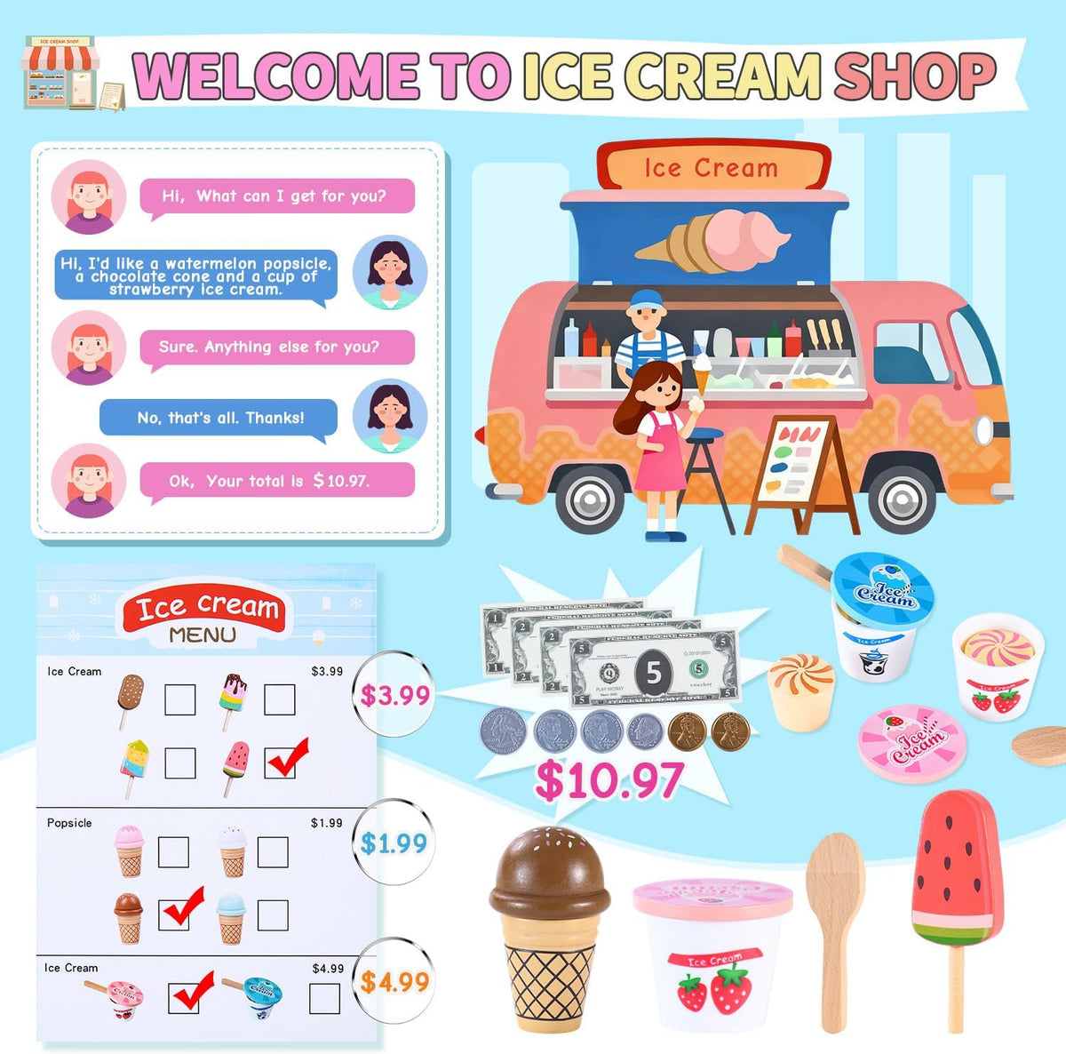 Mini juguetes de helado de madera para niños, juguetes de cocina de simulación, juguetes de comida de cocina, juego de mostrador para niños pequeños con cucharada, menú y dinero falso para niños de 3, 4, 5, 6 años, regalos de cumpleaños de Navidad