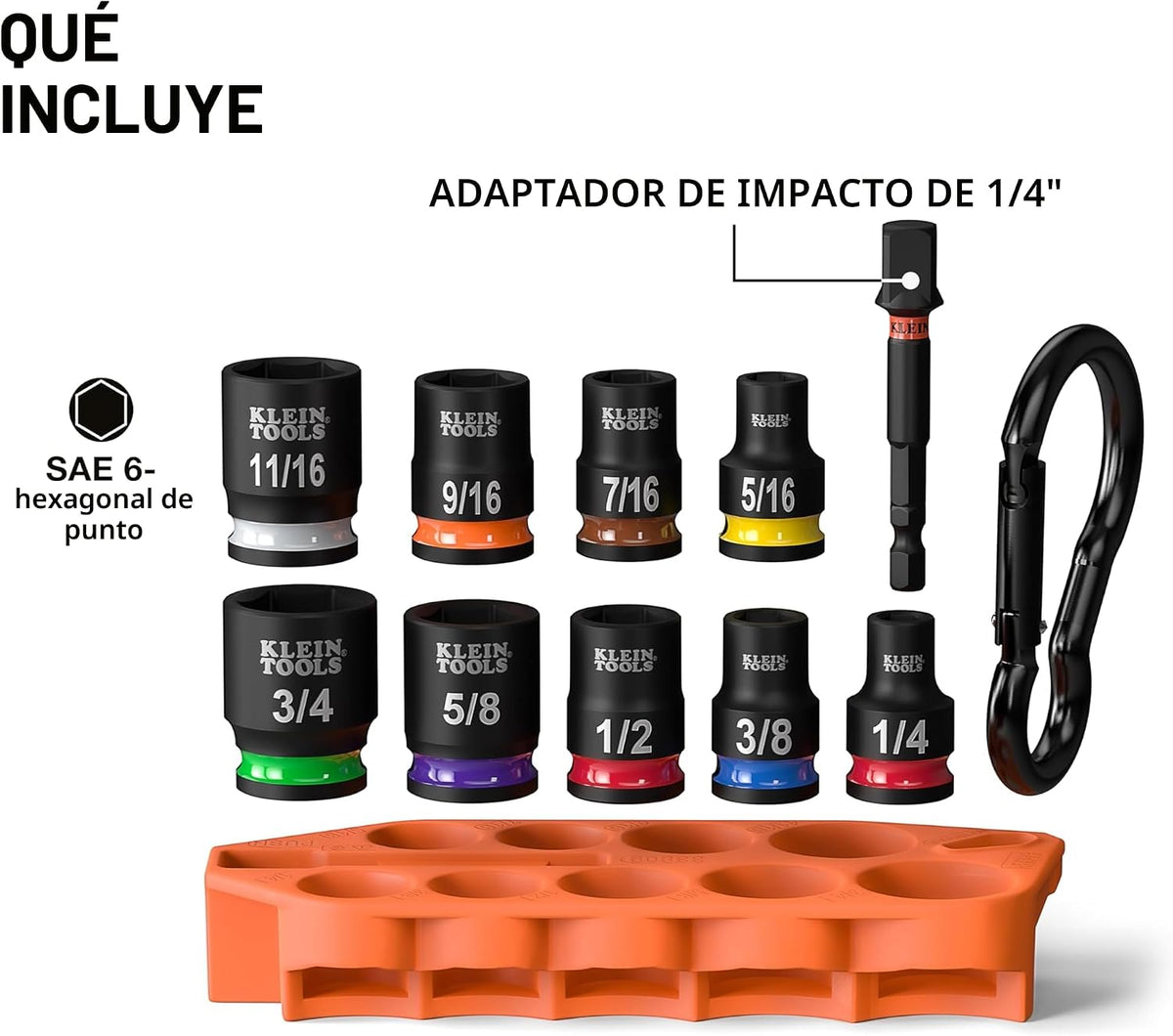 Klein Tools 33809 Juego de zócalos de impacto para llevar, SAE, juego de 10 piezas con funda, mosquetón y accionamiento de 3/8 pulgadas, zócalos codificados por color de 1/4, 5/16, 3/8, 7/16, 1/2, 9