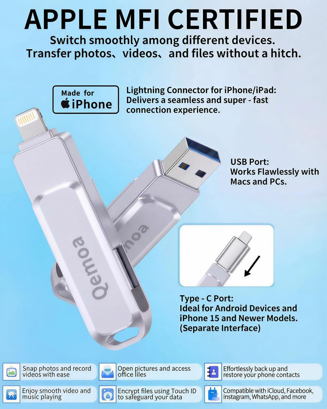 Memoria USB de 512 GB con certificación MFi para iPhone, almacenami...
