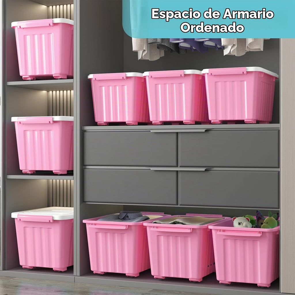 Nazhura Contenedor de almacenamiento de plástico, cajas de almacenamiento apilables y encajables con tapas blancas y hebillas de cierre seguras, contenedor de almacenamiento grande (rosa/blanco, 72