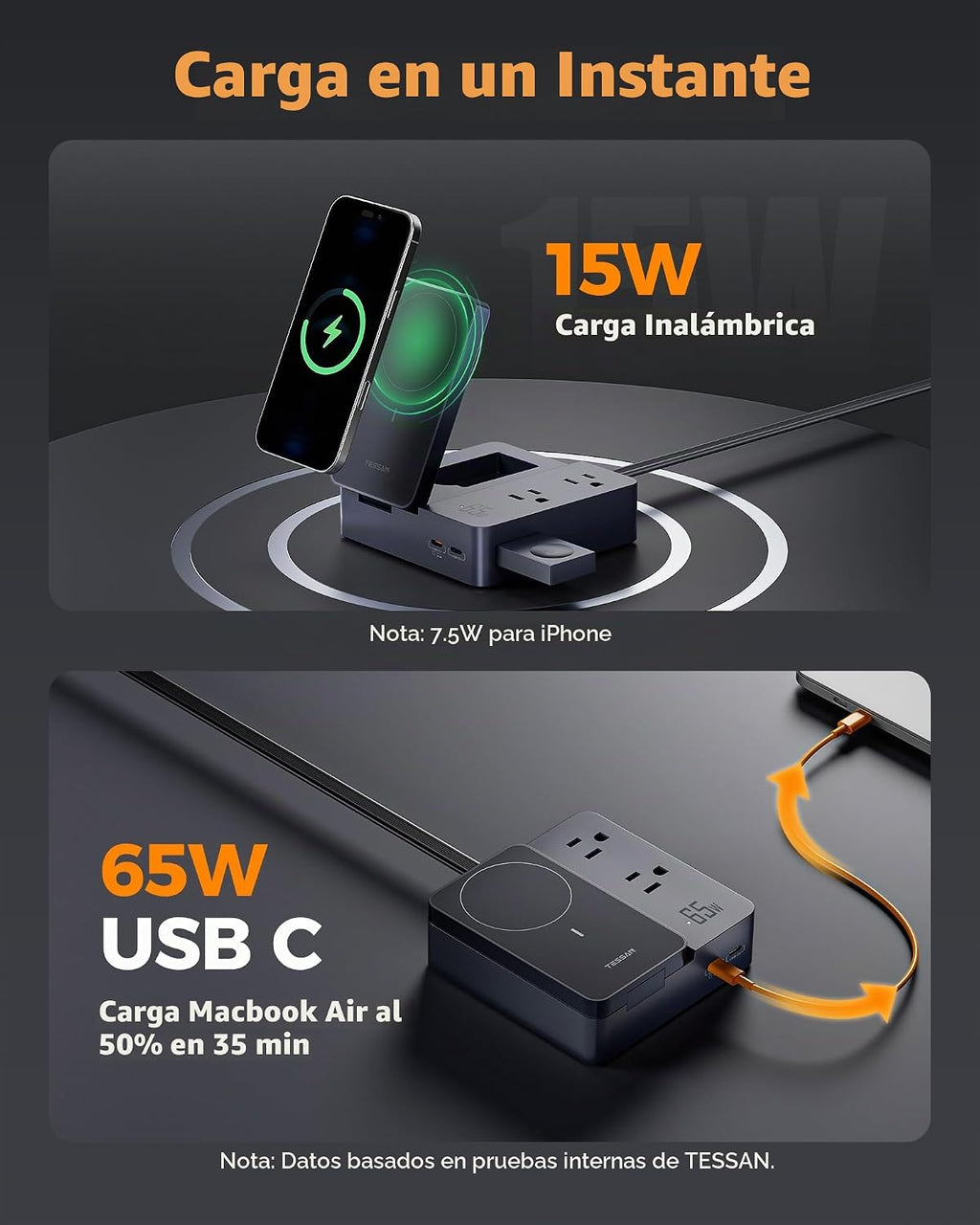 TESSAN Magic 65W carga Station USB Phone Charger con Wireless carga