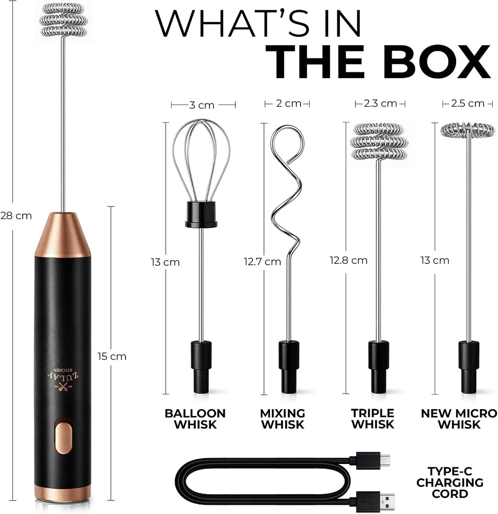 Zulay Kitchen Espumador de leche recargable de mano, varita espumadora, mezclador de bebidas, espumador eléctrico, para capuchinos, matcha y proteína en polvo, batidor Ultra Metal 4, cobre negro de