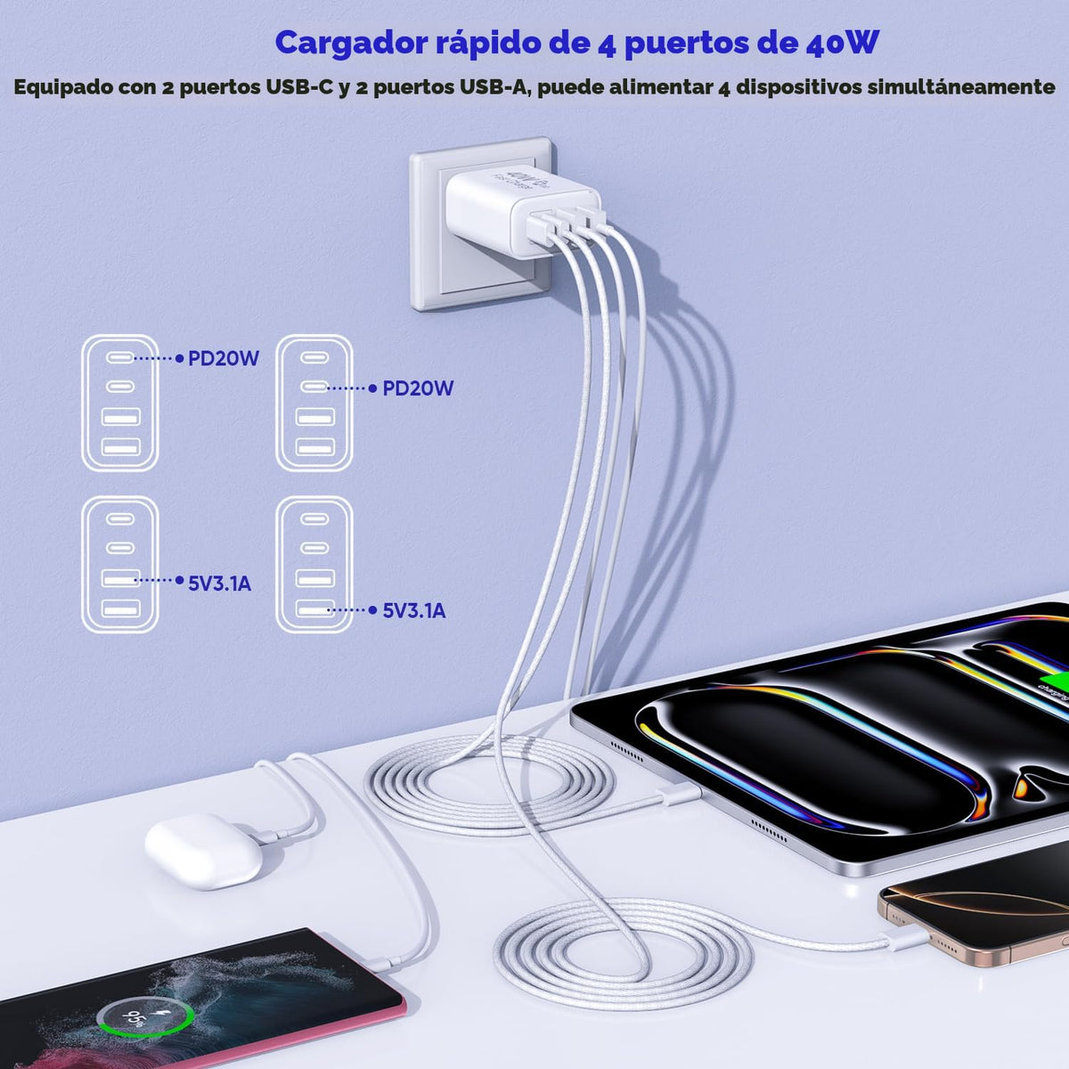 Cargador de 10 pies para iPhone 17, 16, 15 Pro, paquete de 2 cables tejidos USB C a C de 10 pies de 40 W, cargador de Apple de 4 puertos PD y CA, bloque de carga rápida para iPhone 17 Air/17 16 15 Pro Max/16e/16 Plus/15/15 Pro/iPad