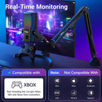 TONOR Micrófono Gaming Compatible con Xbox, Mic de Soporte RGB para Streaming con 30H de Batería, Bajo Ruido, Monitoreo, Control de Ganancia, Mudo con un Toque, Carga Rápida, Compatible con Captura TCX3+ Negro