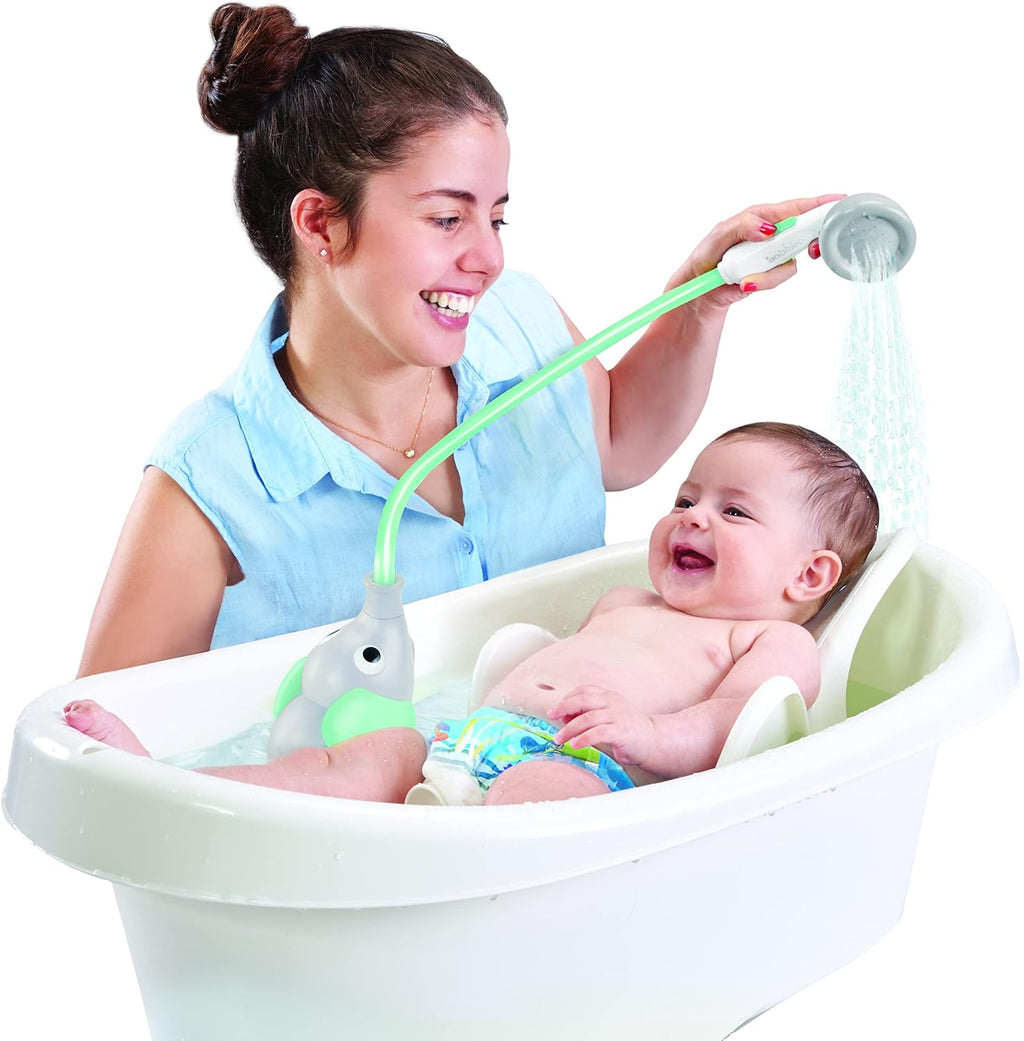 Yookidoo Cabezal de ducha para bebé, bomba de agua de elefante y rociador de boquilla para tronco, control de flujo con una sola mano para bebés recién nacidos en bañera o fregadero (turquesa)