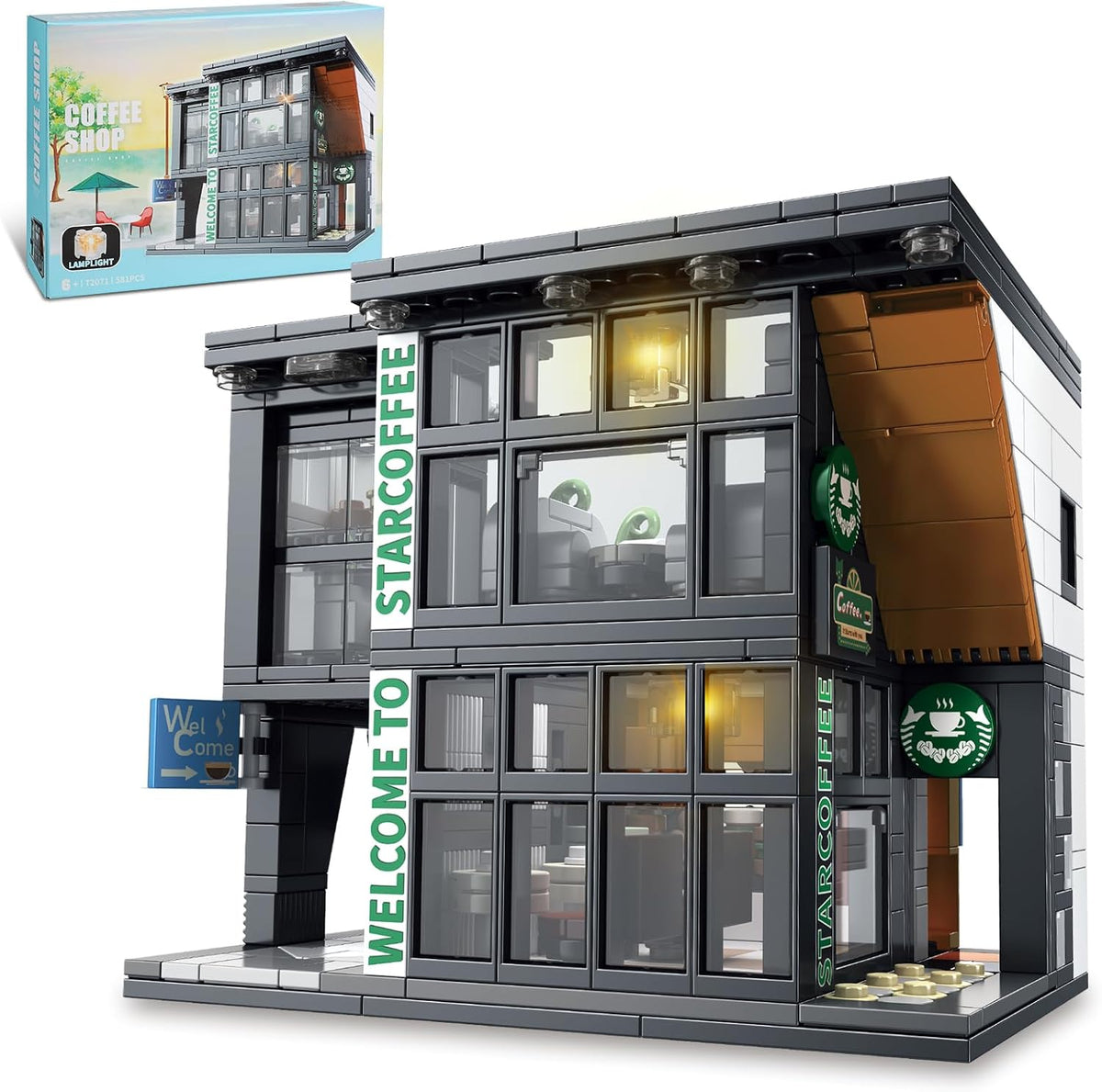 NEWABWN City Coffee House - Juego de bloques de construcción de arquitectura para adultos, vista de calle, cafetería moderna, juguete de construcción de tienda con luz, regalo de Navidad y cumpleaños