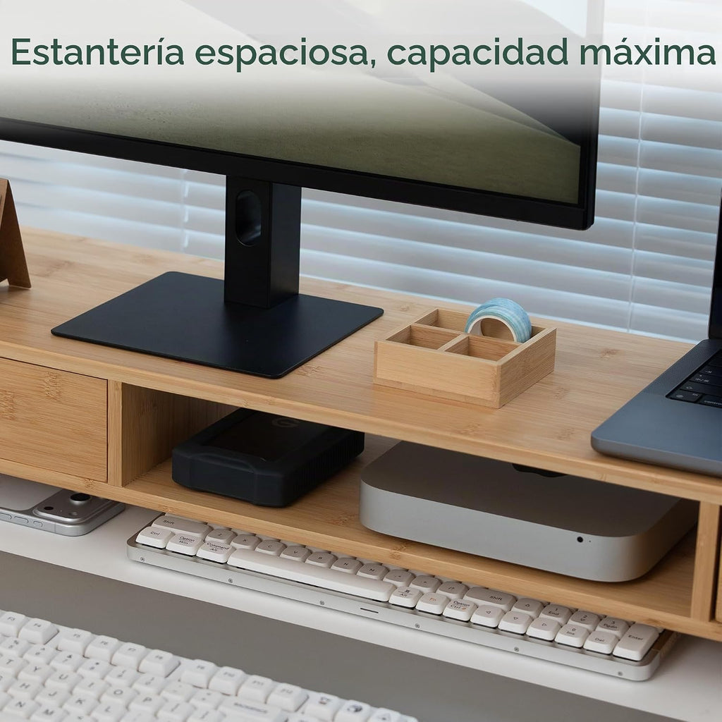 Soporte de bambú para monitor doble, estante de escritorio natural