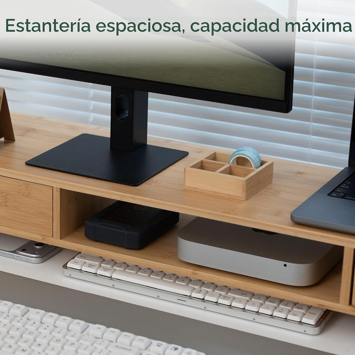 Soporte de bambú para monitor doble, estante de escritorio natural