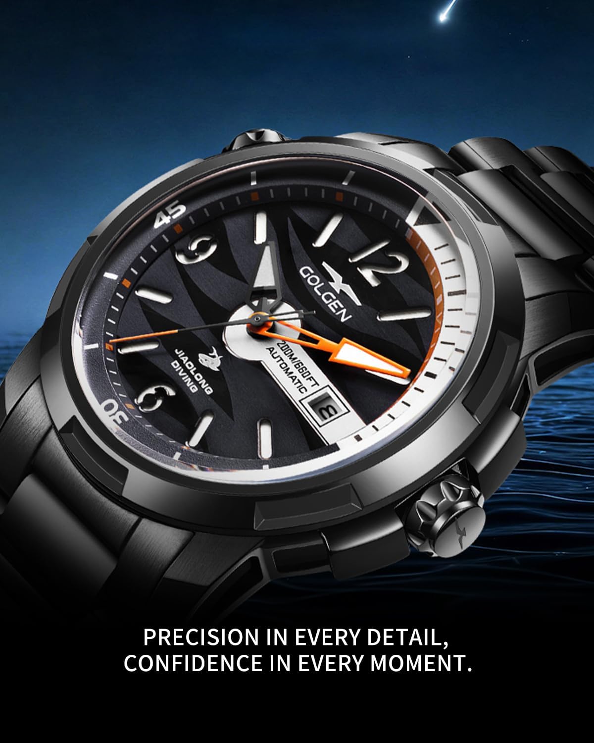 200M - Reloj de pulsera impermeable para hombre, reloj suizo luminoso de cristal de zafiro sintético con movimiento de alta frecuencia importado y acero inoxidable 316L, reloj de visualización