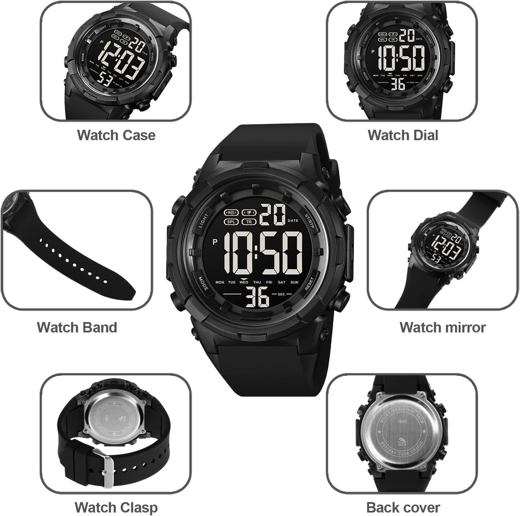 XCZAP Reloj deportivo digital negro para hombre, reloj táctico militar de cara grande, resistente al agua 5ATM, retroiluminación LED, alarma, cronómetro, doble hora
