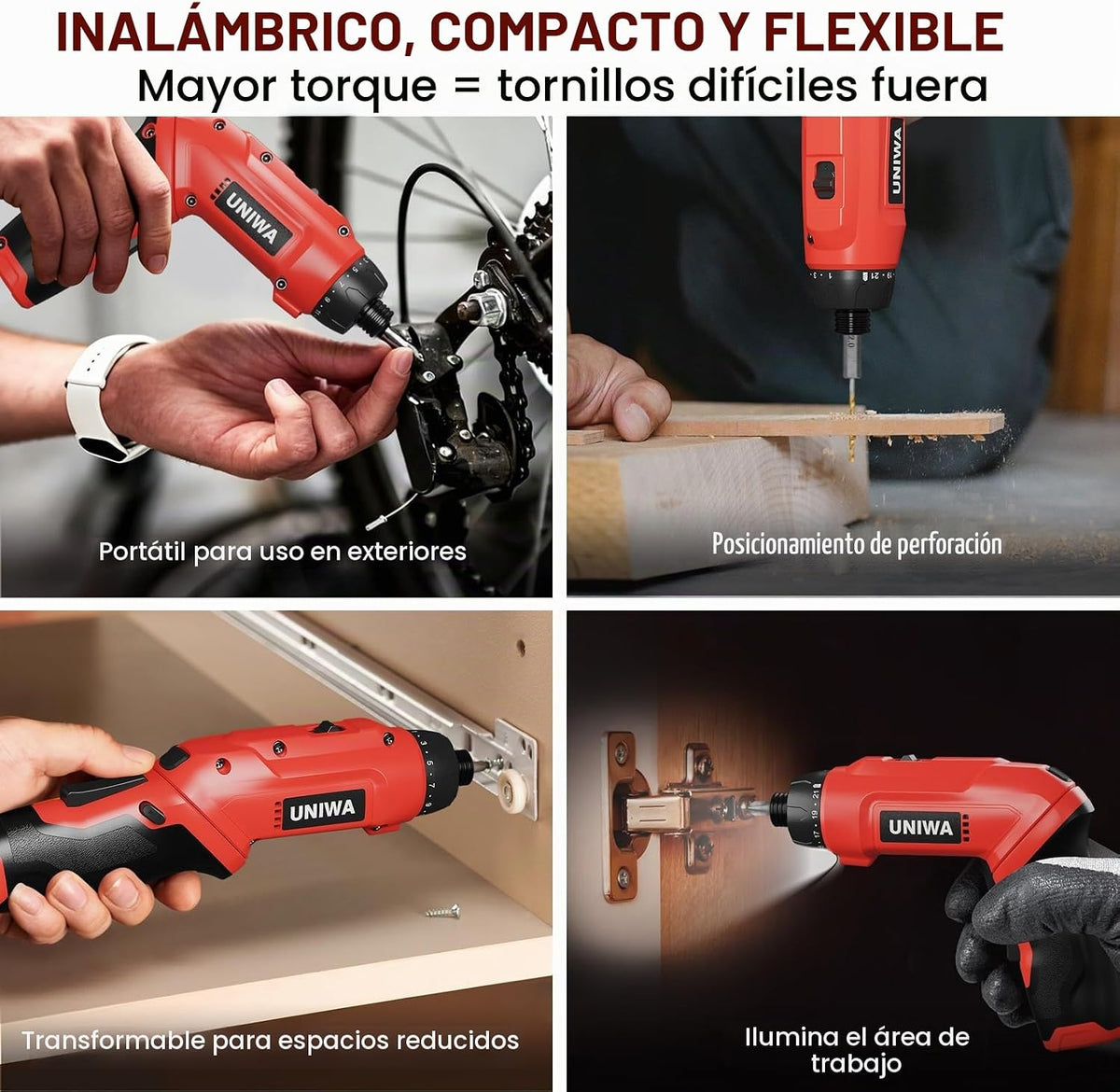 UNIWA - Destornillador eléctrico inalámbrico recargable, taladro eléctrico de 650 RPM, color rojo
