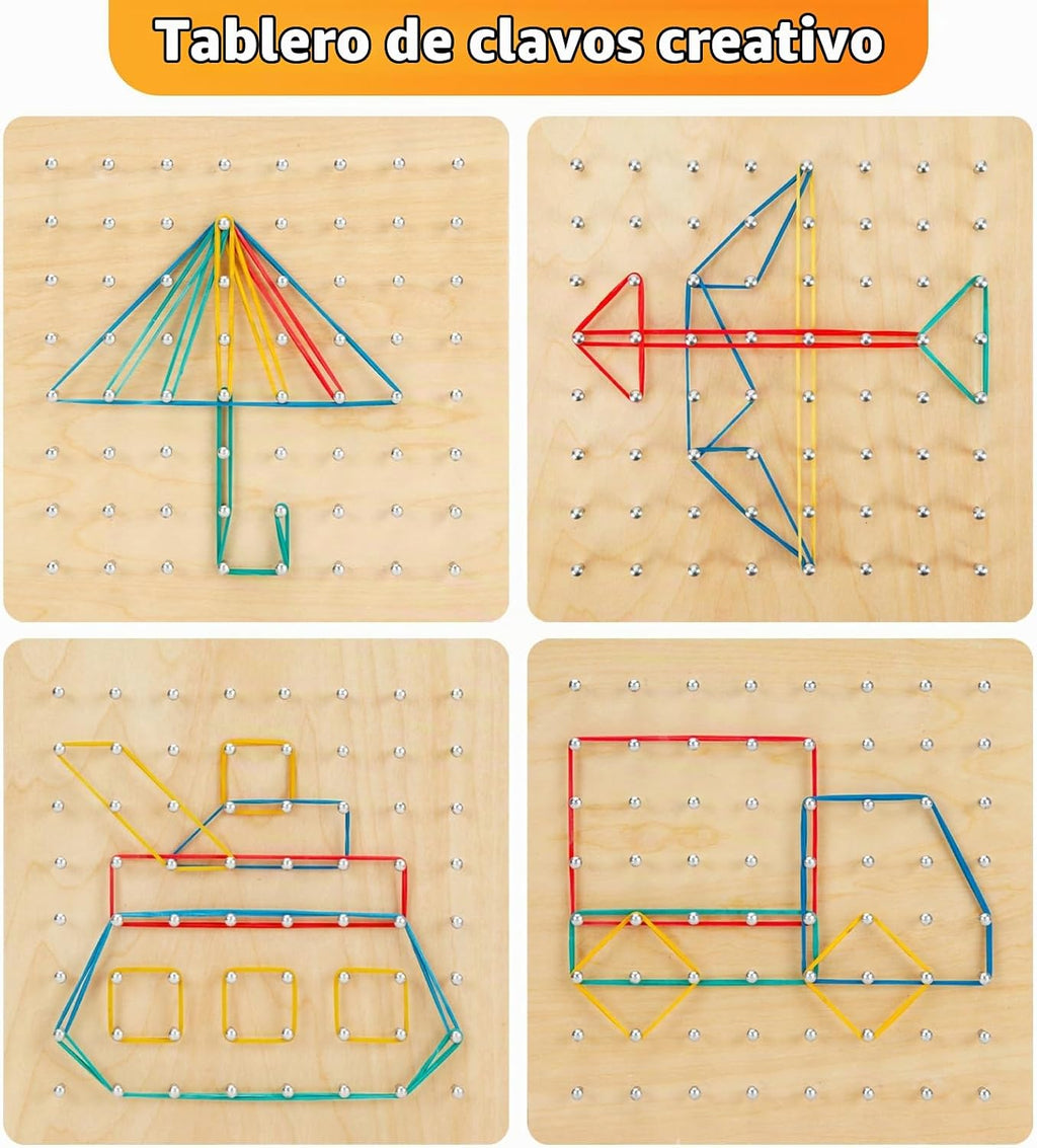 2Pack Tablero Geométrico de Madera, Juguete Montessori, Juguete Educativo Matemático Gráfico para Niños con Tarjetas de Patrones y Bandas de Goma para Figuras y Formas, Rompecabezas STEM Tablero Geo.