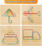2Pack Tablero Geométrico de Madera, Juguete Montessori, Juguete Educativo Matemático Gráfico para Niños con Tarjetas de Patrones y Bandas de Goma para Figuras y Formas, Rompecabezas STEM Tablero Geo.