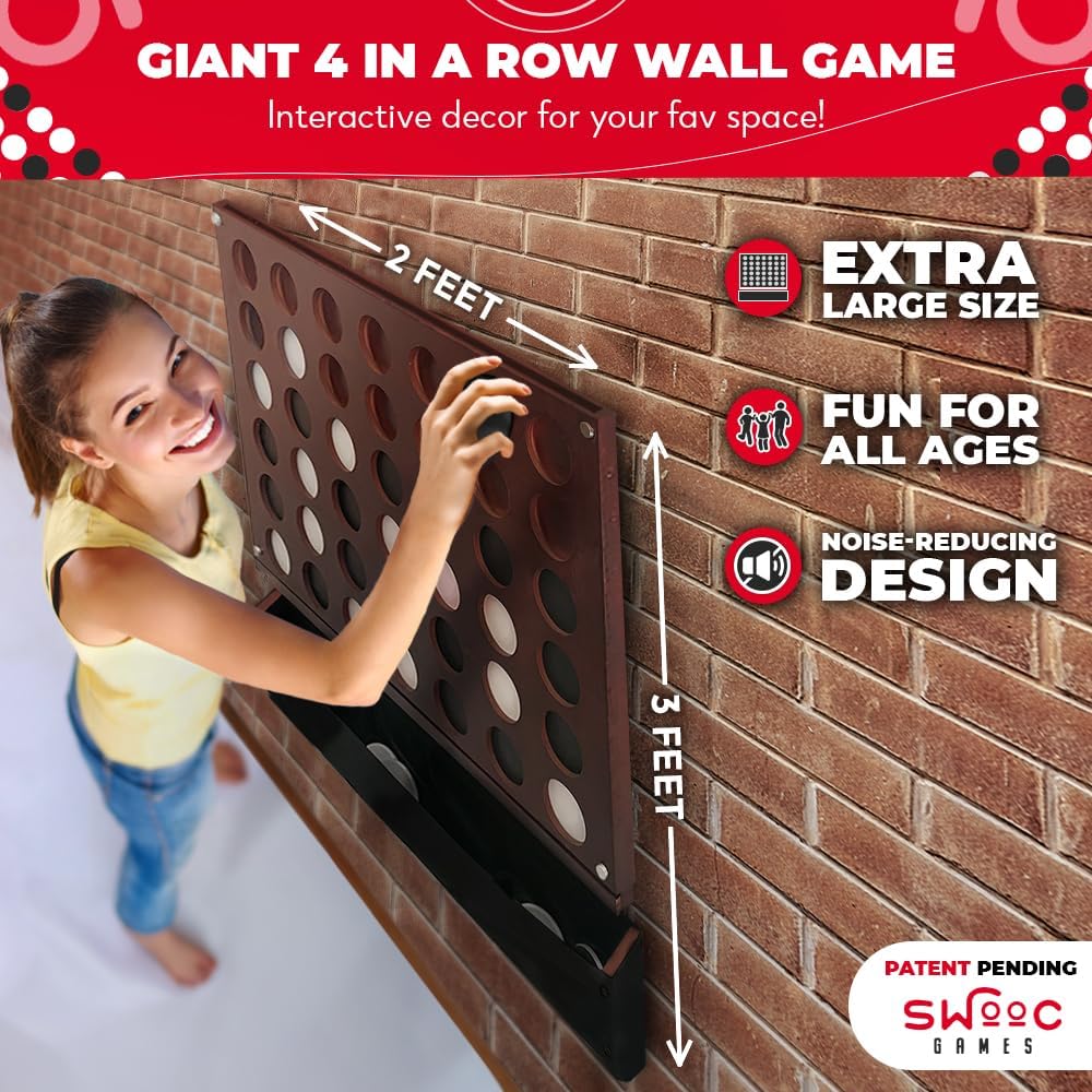 Swooc Games® - Juego de pared gigante 4 en una fila - 60% más silencioso - Juegos de pared de tamaño jumbo - Juego de sala de juegos, accesorios y decoración - Decoración de garaje y sótano - Conexión