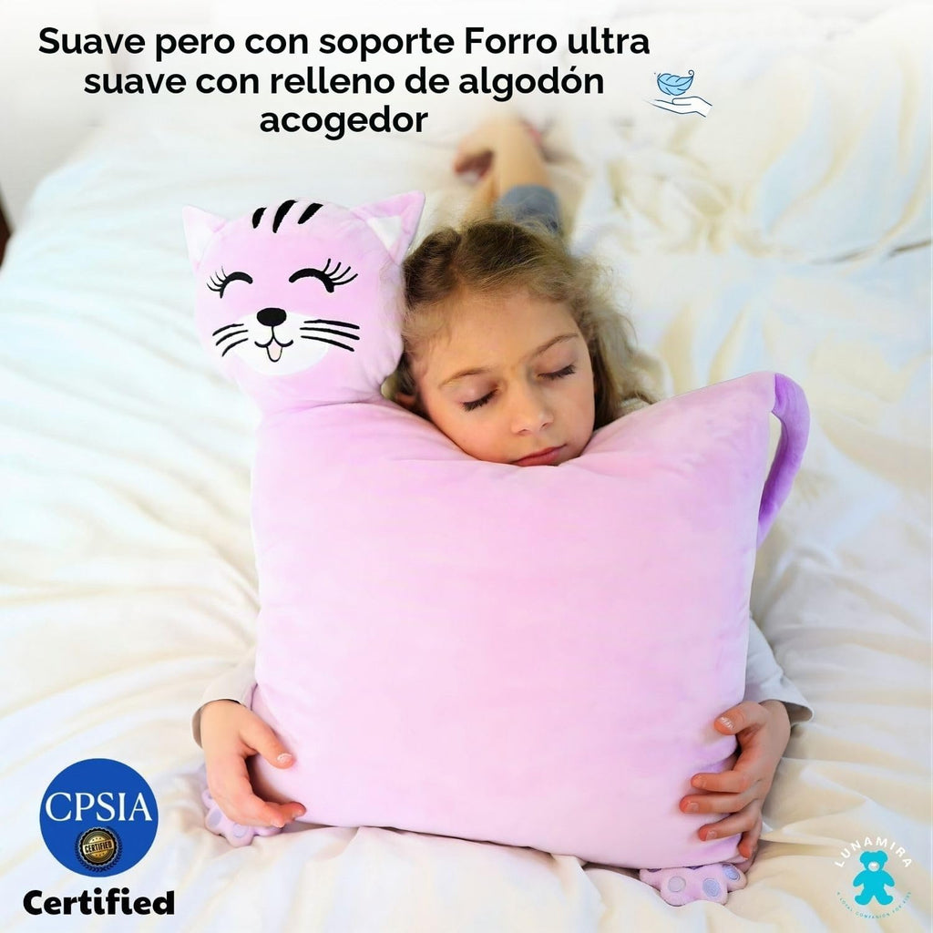LUNAMIRA Almohada de felpa de gato para niños – Bonita almohada de peluche de gatito morado, 16 x 14 pulgadas para acurrucarse a la hora de dormir y noche de cine, funda lavable con cremallera