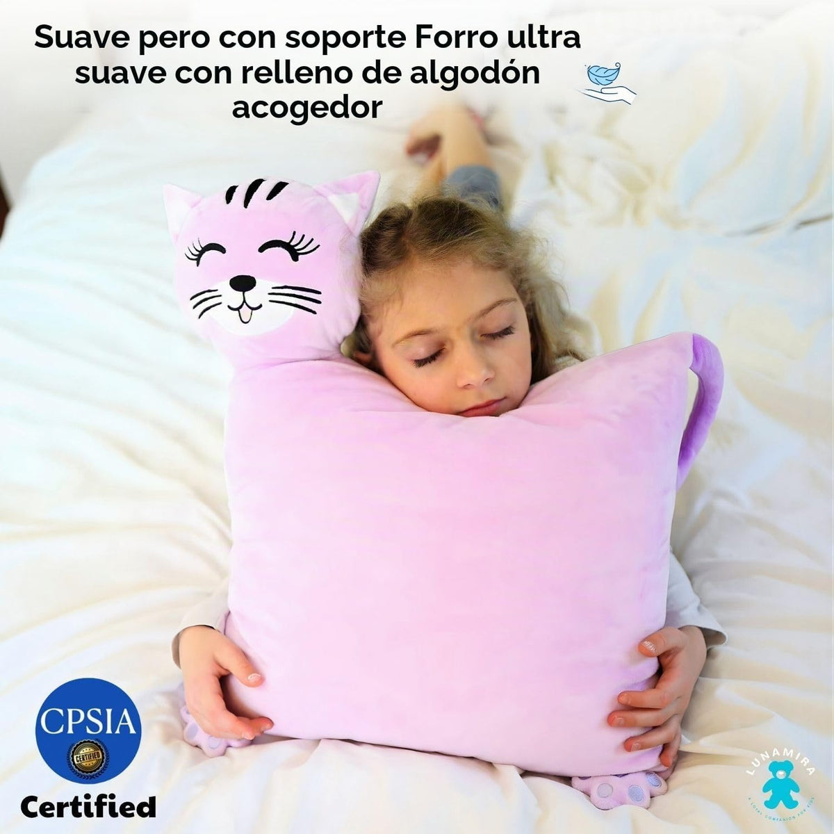 LUNAMIRA Almohada de felpa de gato para niños – Bonita almohada de peluche de gatito morado, 16 x 14 pulgadas para acurrucarse a la hora de dormir y noche de cine, funda lavable con cremallera