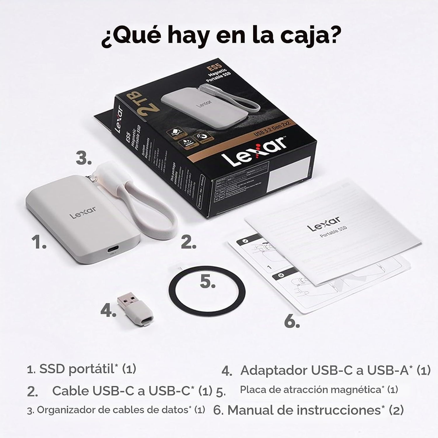 Lexar SSD externo magnético ES5 de 2 TB, hasta 2000 MB\/s, compatib...