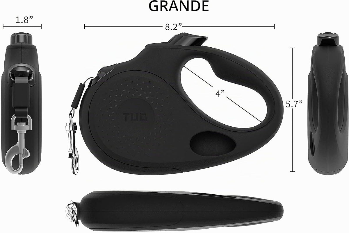 TUG Correa retráctil ovalada de 360° sin enredos para perro con dispensador de bolsas para desechos integrado (Grande, Negro)