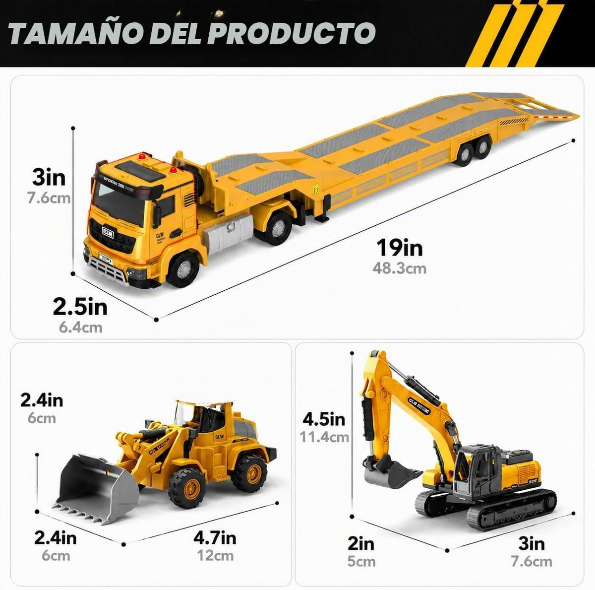 Juego de vehículos de construcción de aleación fundida a presión con semirremolque, excavadora y bulldozer – Luces y sonidos reales, piezas movibles – Juguetes de aprendizaje regalo para niños