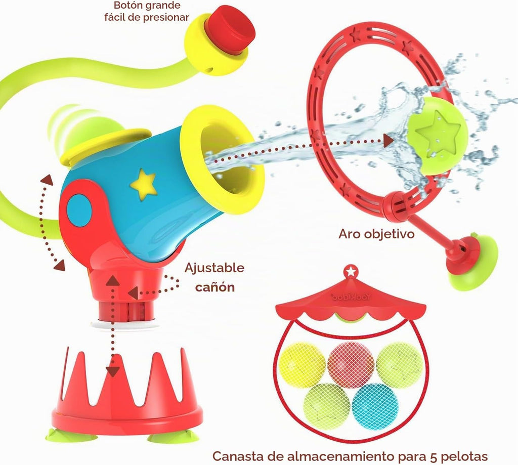 Yookidoo Juguetes de baño para niños pequeños (de 4 a 8 años) – Lanzador de bolas de cañón de agua – Ventosas para cualquier bañera o ducha – Incluye 5 bolas y aro para disparar – ¡Convierte la hora