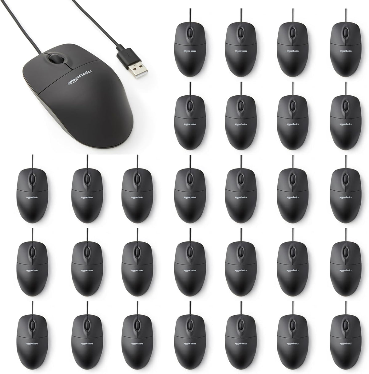 Amazon Basics Ratón de computadora USB con cable de 3 botones, colo...