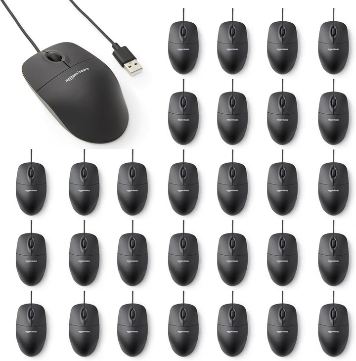Amazon Basics Ratón de computadora USB con cable de 3 botones, colo...