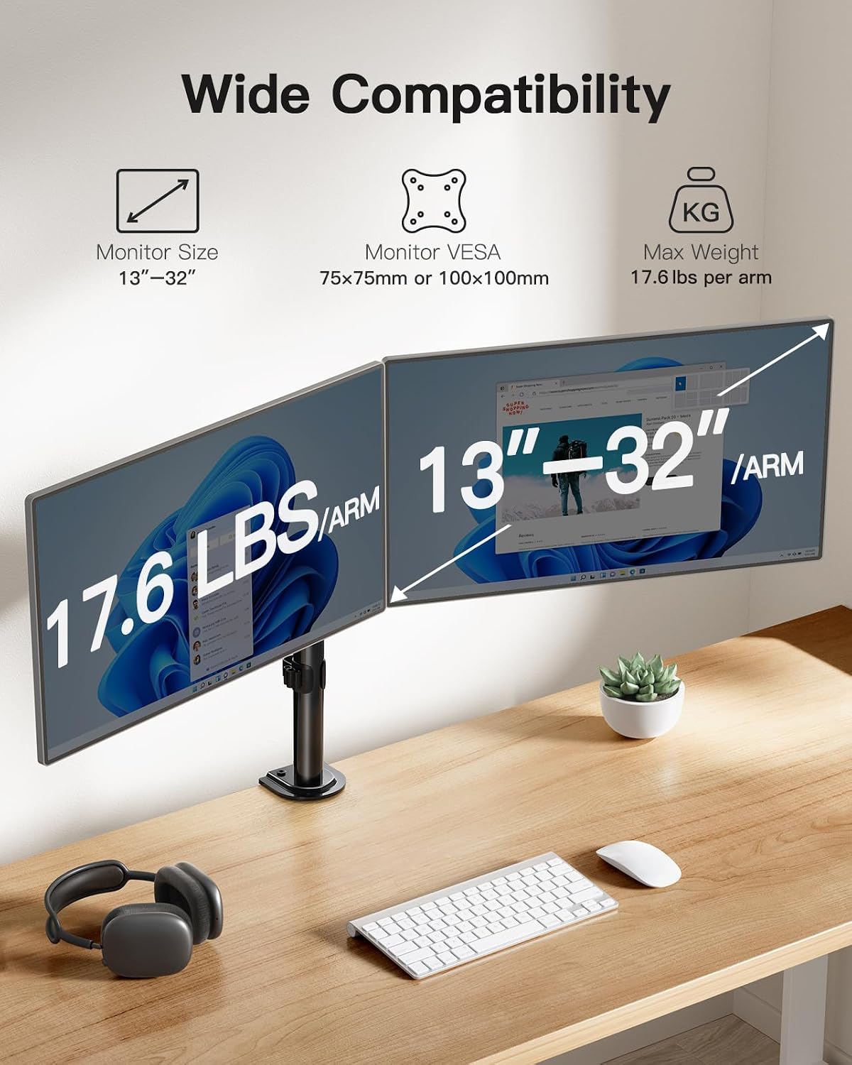 HUANUO Soporte de monitor doble para 2 monitores de hasta 32 pulgadas, soporte de monitor doble resistente con capacidad para hasta 17.6 libras, brazo de monitor doble con inclinación ajustable de