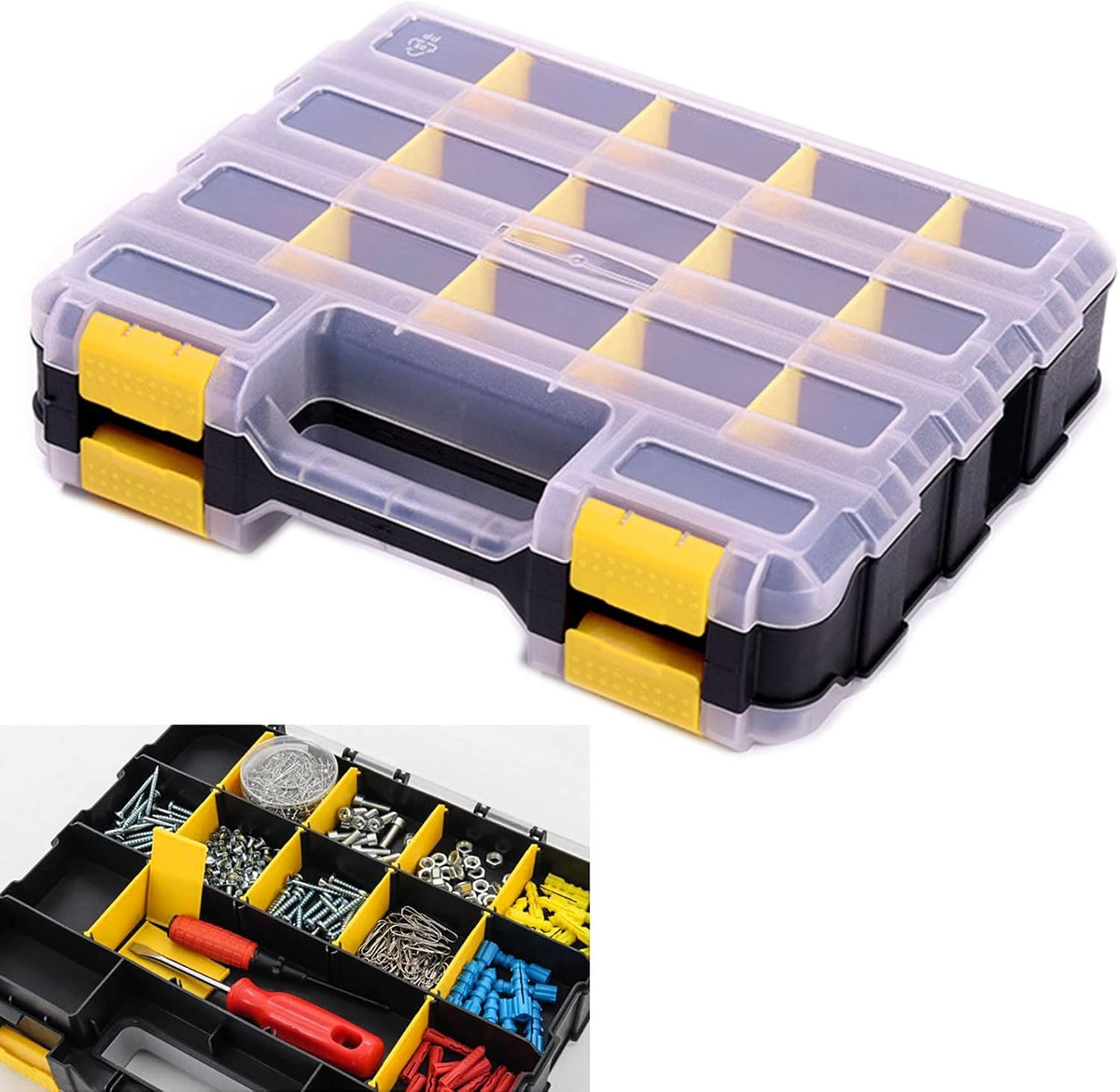 Caja organizadora de herramientas, caja de almacenamiento de piezas pequeñas, 34 compartimentos, organizadores de hardware de doble cara con divisores de plástico extraíbles para tornillos, tuercas