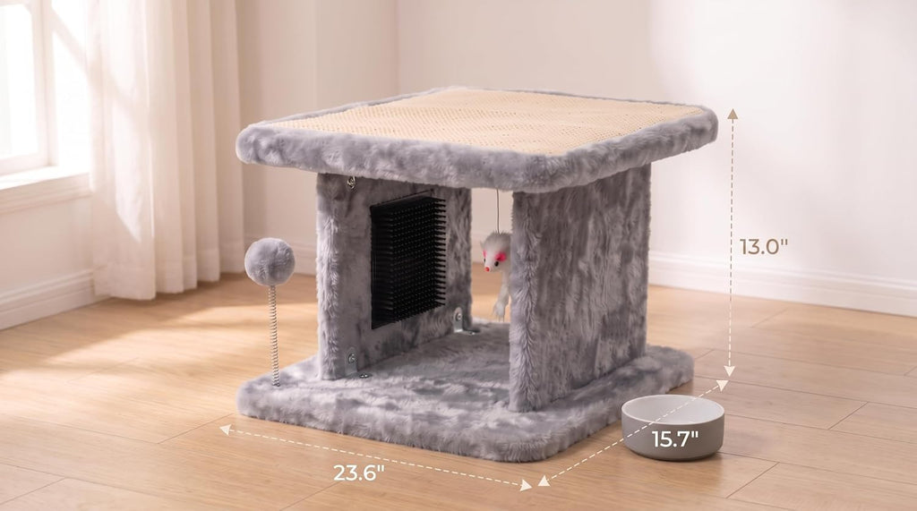 Cama grande para gatos con poste rascador y tabla de peinar