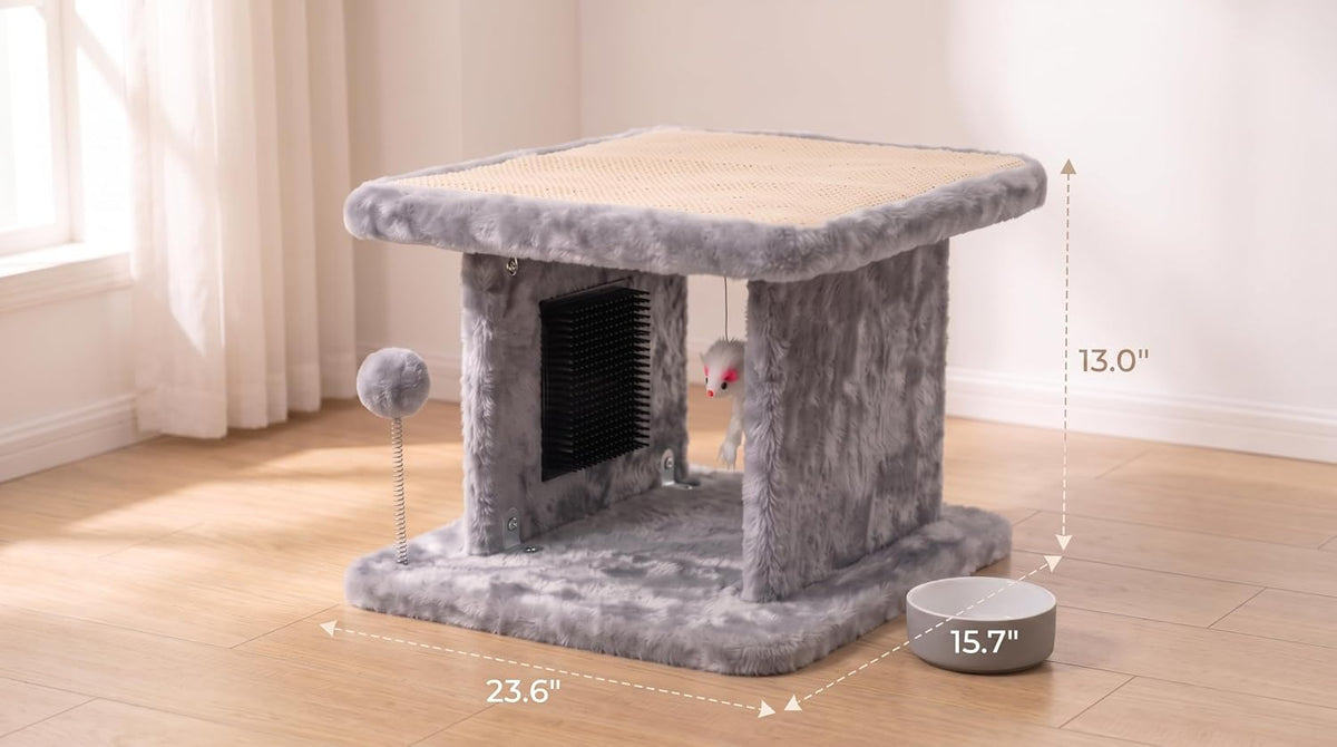 Cama grande para gatos con poste rascador y tabla de peinar