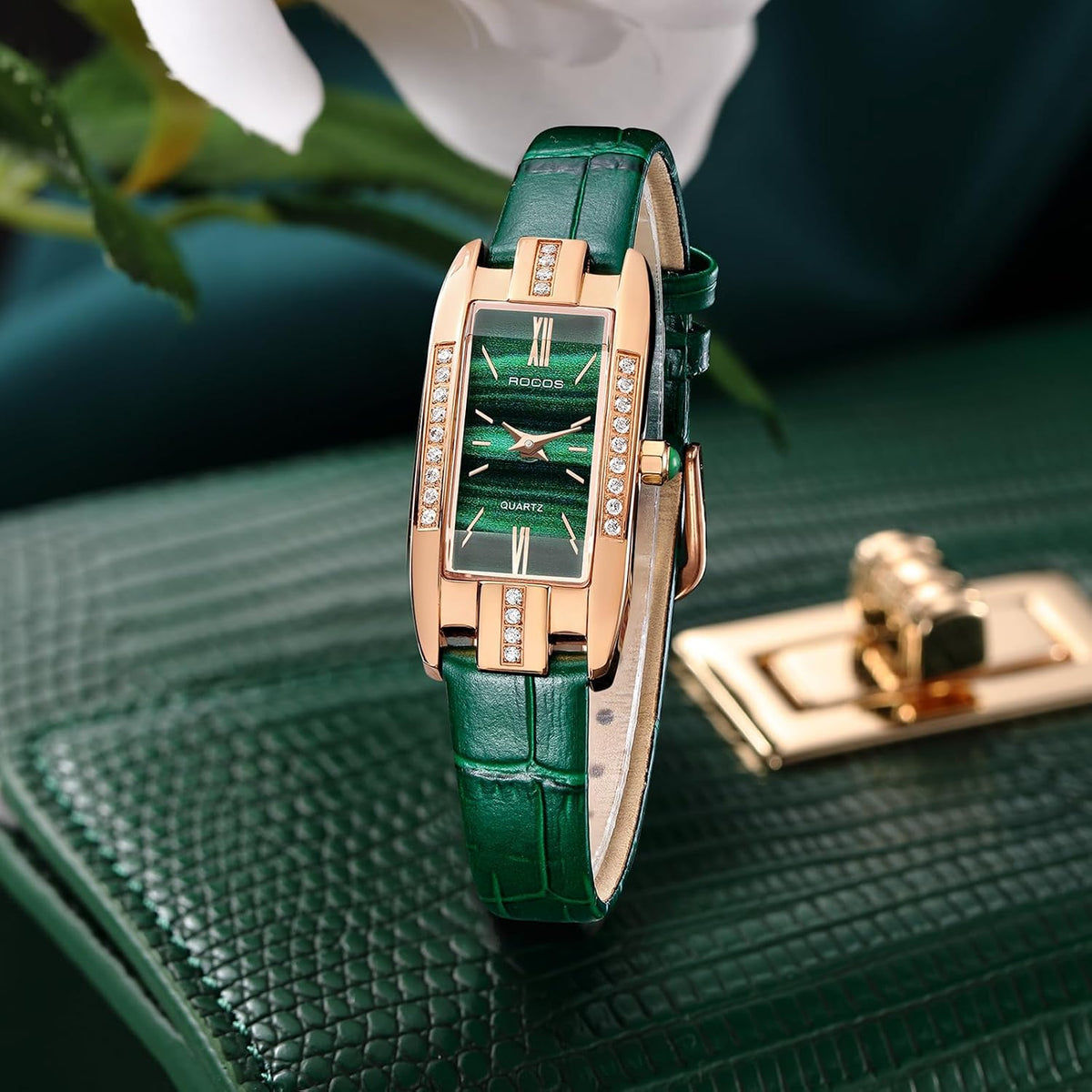 ROCOSJEWE Reloj Elegante para Mujer - Esfera Verde Correa de Cuero Caja en Oro Rosa, Reloj Analógico de Cuarzo Vestido, Reloj de Pulsera Impermeable de Moda Regalo para Mujer RW0209S