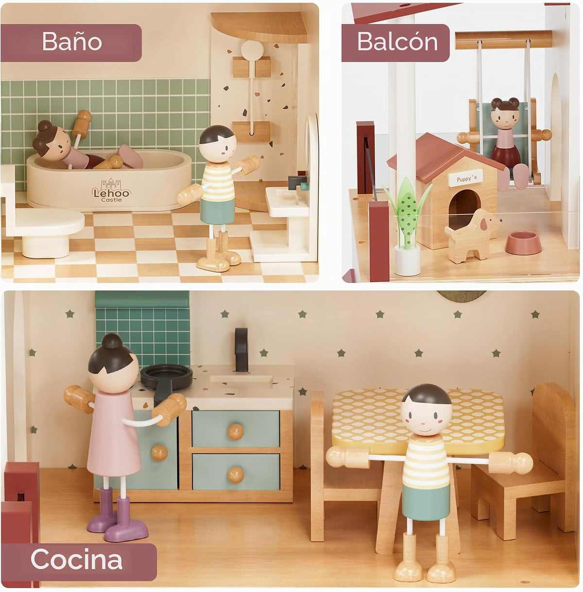 Lehoo Castle Casa de muñecas de madera para niñas, casa de muñecas con 5