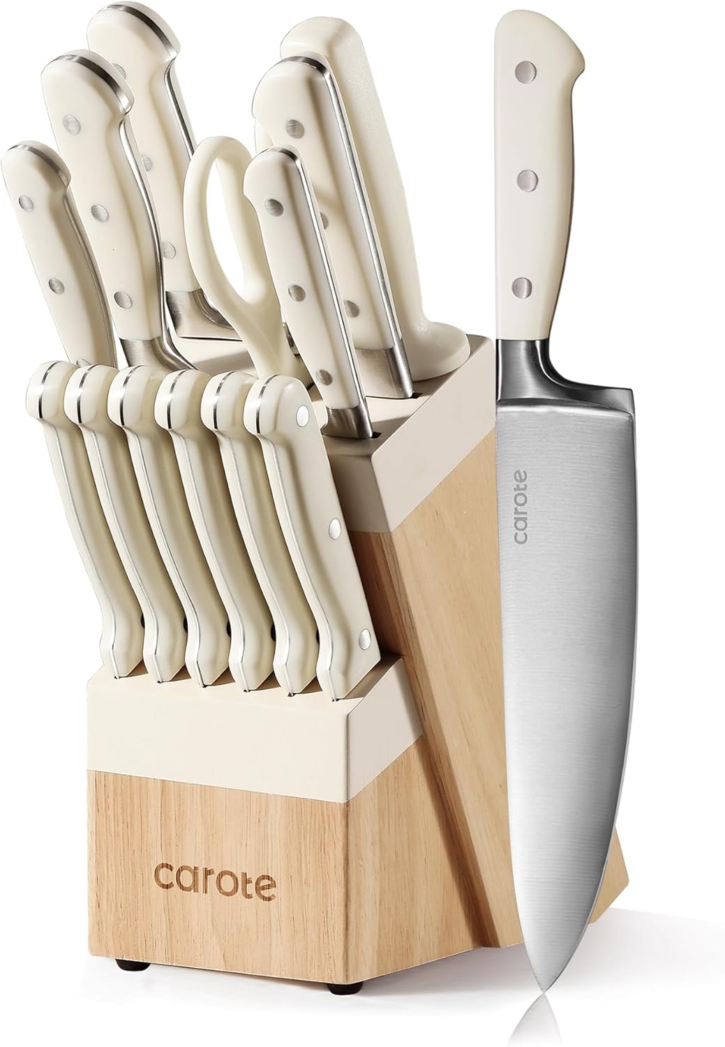 CAROTE Juego de cuchillos de 14 piezas con bloque, forjado, acero inoxidable de alto carbono, juego de cuchillos de bloque de hoja afilada, cubiertos aptos para lavavajillas, color crema