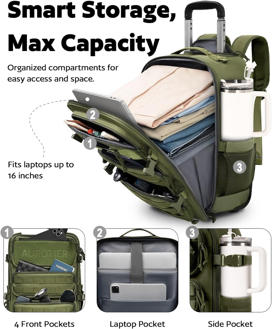 AUROTIER Mochila Táctica con Ruedas para Laptop, Equipaje de Mano c...