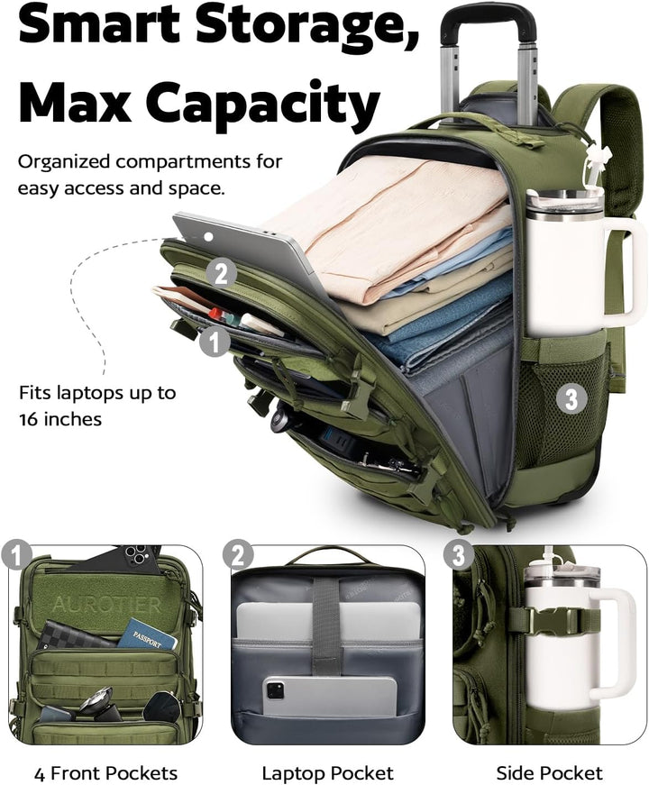 AUROTIER Mochila Táctica con Ruedas para Laptop, Equipaje de Mano c...