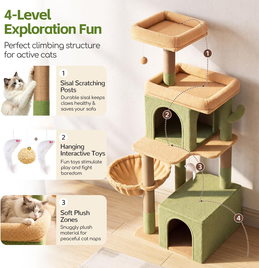 Globlazer Cactus Cat Tree Tower 2 Condo Kitten Scratching Post, F54, Verde