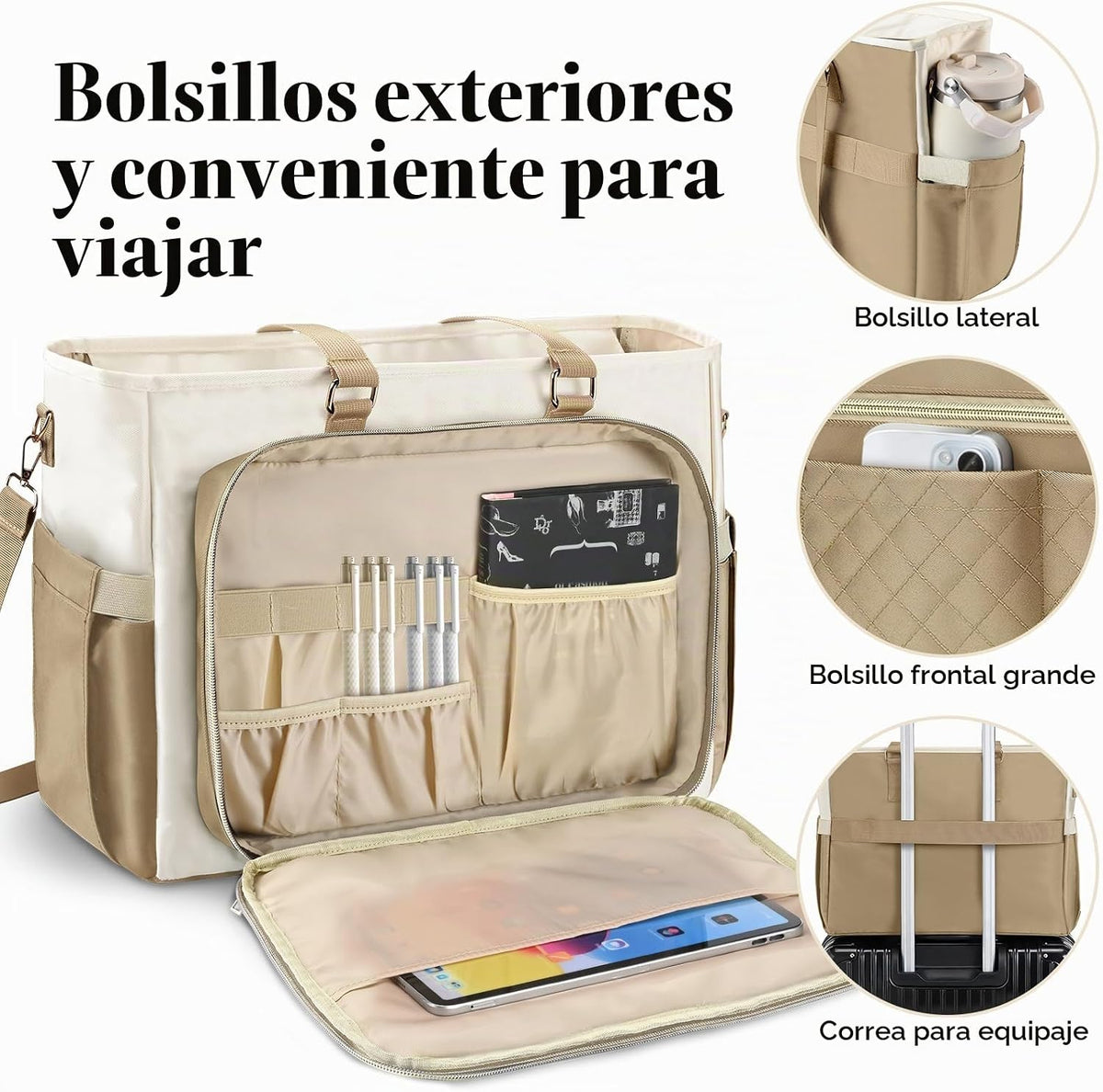 PASMAN Bolsa de mano para profesores para mujer, bolsa estructurada, 17.3 inches, Caqui-beige-café