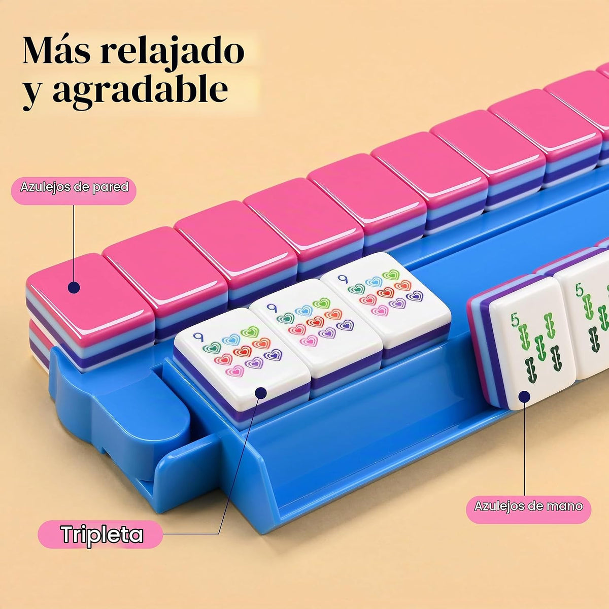 American Love Pink Mahjong Set - 160 azulejos acrílicos de alta calidad, diseño de corazón de 4 capas, 4 estantes y empujadores todo en uno, 100 fichas, 3 dados dorados