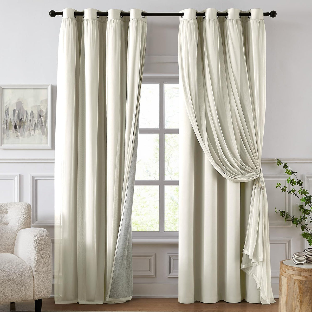 Cortinas 100% opacas para dormitorio, doble capa, color marfil