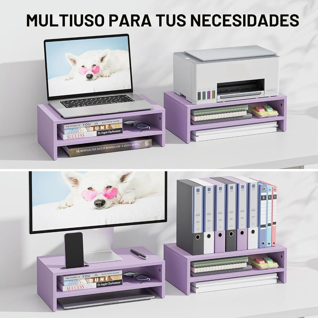 BONTEC Soporte de madera para monitor elevador de escritorio, soporte para monitor de 2 niveles