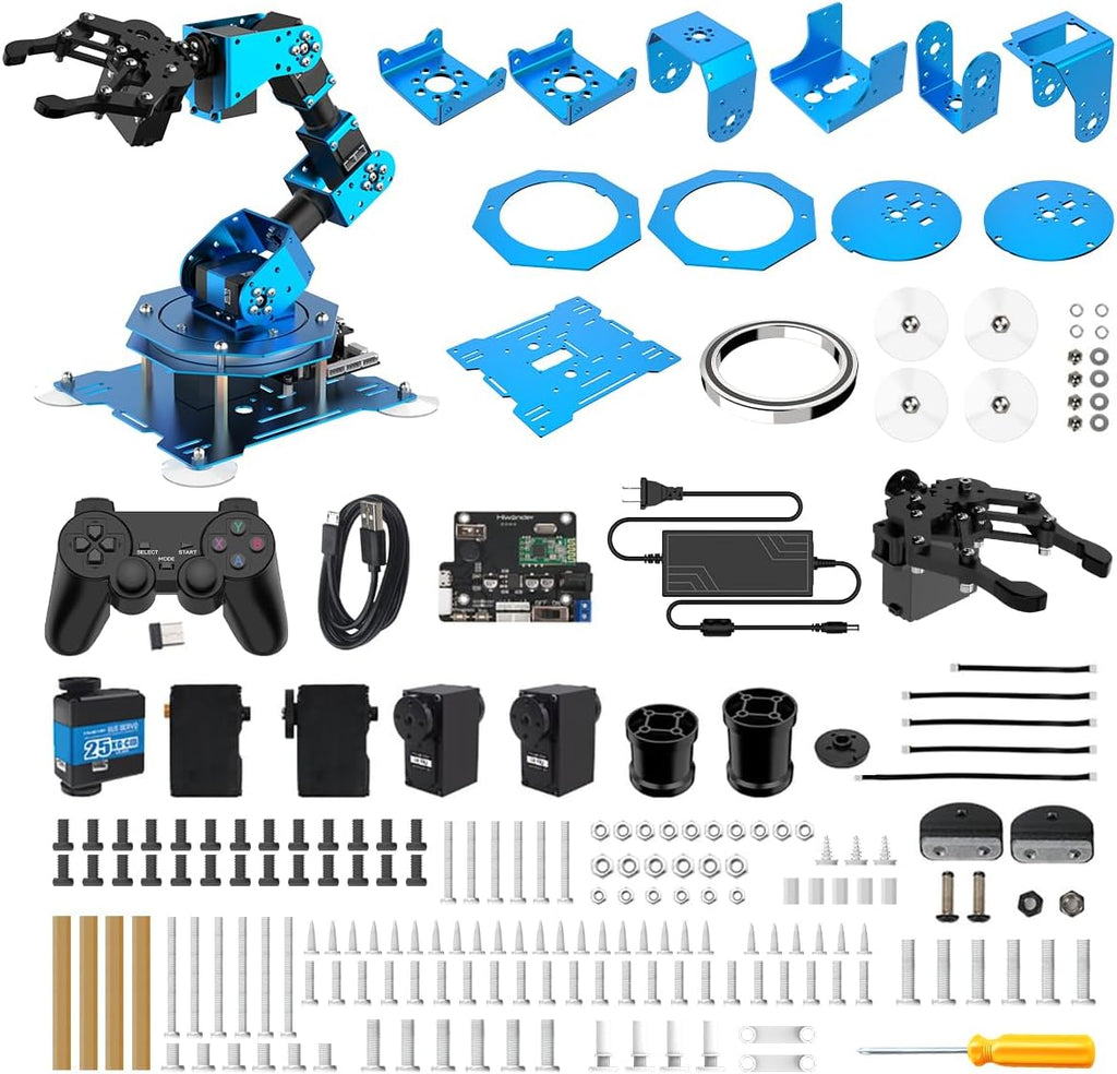 Brazo robótico para programación de codificación Arduino 6DOF STEM Kit de brazo de robot de construcción educativo, brazo robótico de metal completo de 6 ejes, controlador inalámbrico/PC