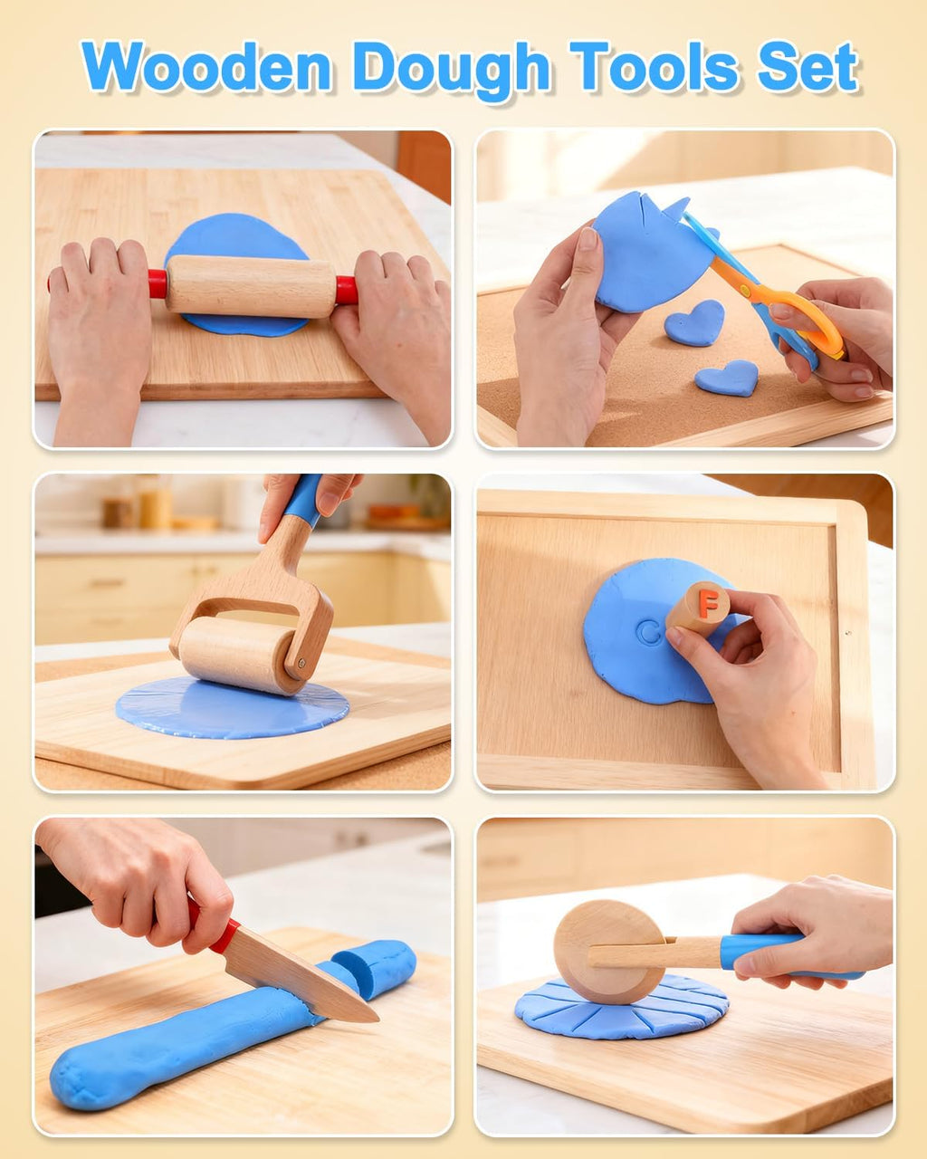 Juego de herramientas de masa de madera para niños de 3 a 6 años