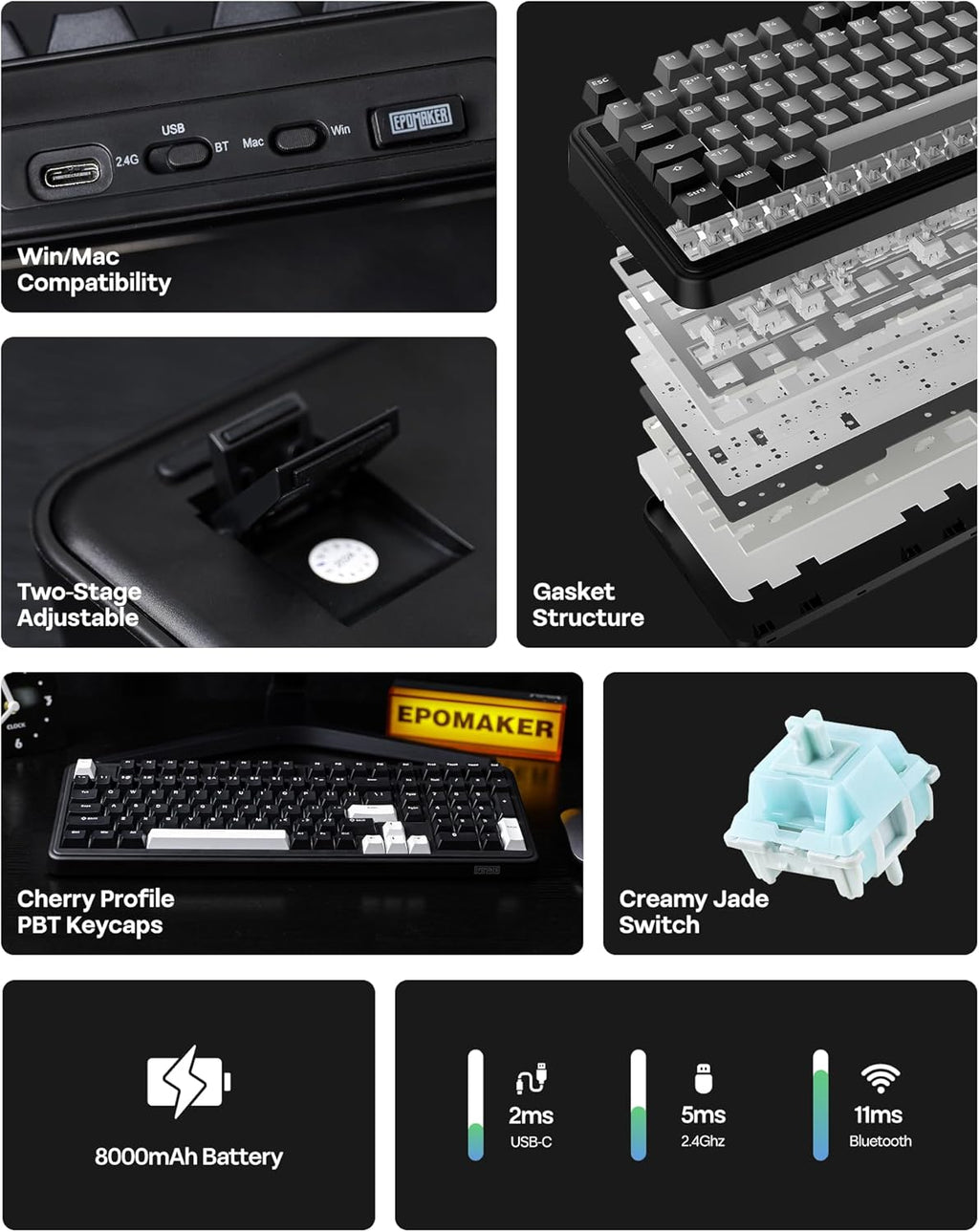 EPOMAKER Teclado mecánico inalámbrico de tres modos TH99 con batería, Negro, Creamy Jade