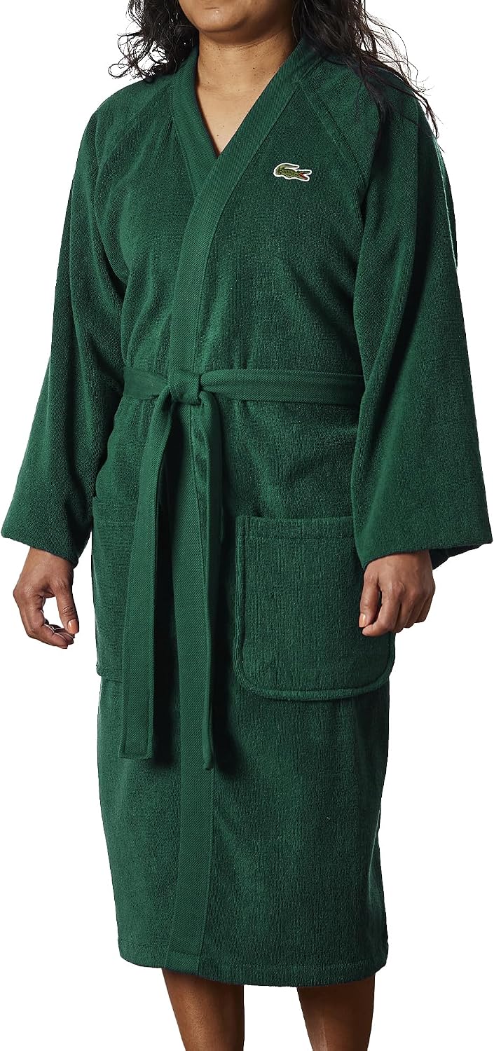 Lacoste Bata de baño clásica de piqué, 100% rizo de algodón suave, bata de baño unisex para adultos, absorbente y de secado rápido, talla única para la mayoría