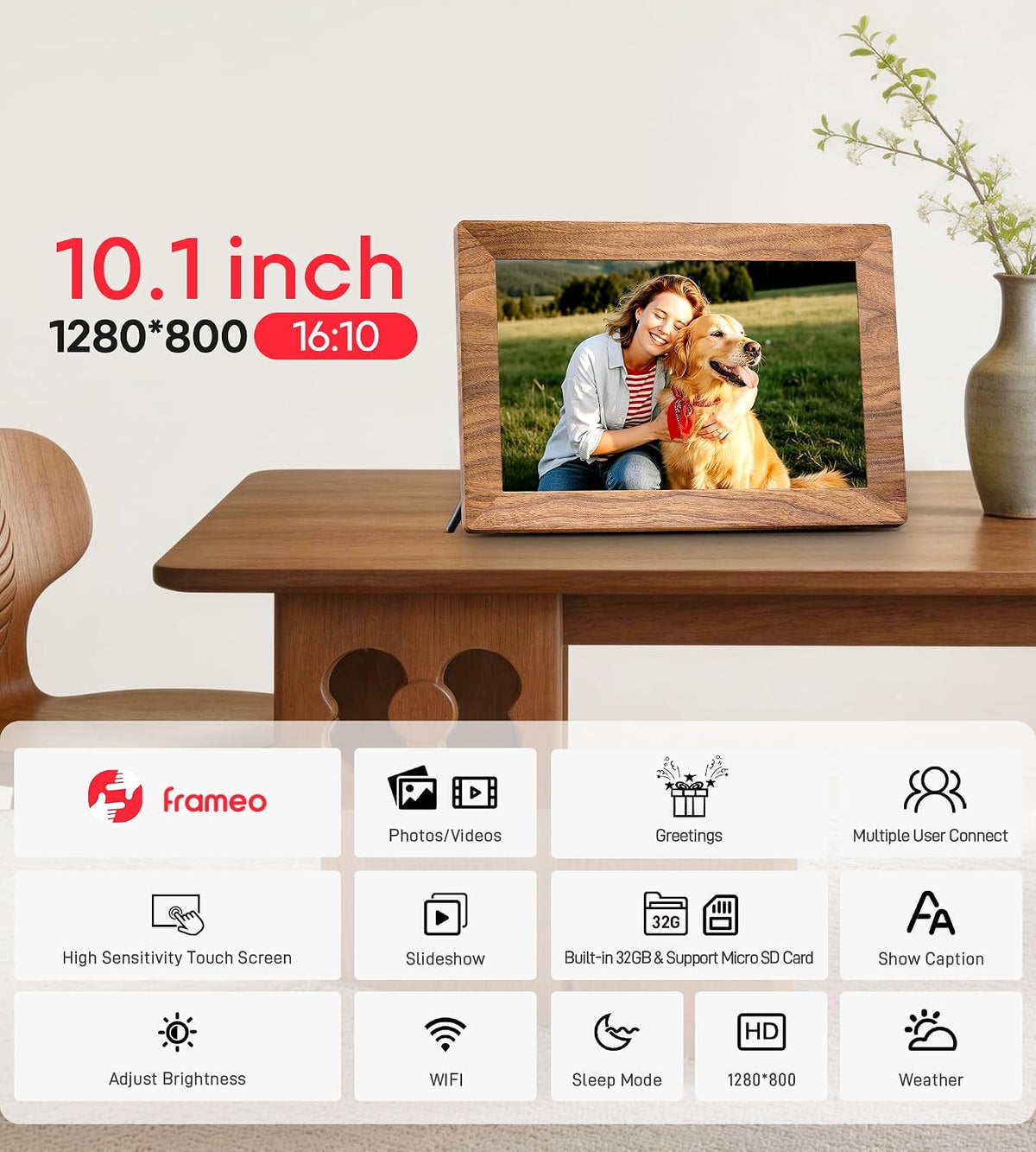 Marco de fotos digital Frameo de 10.1" con 32GB de memoria, marco de fotos electrónico con wifi, madera, pantalla IPS táctil de 1280 x 800, presentación de diapositivas con rotación automática