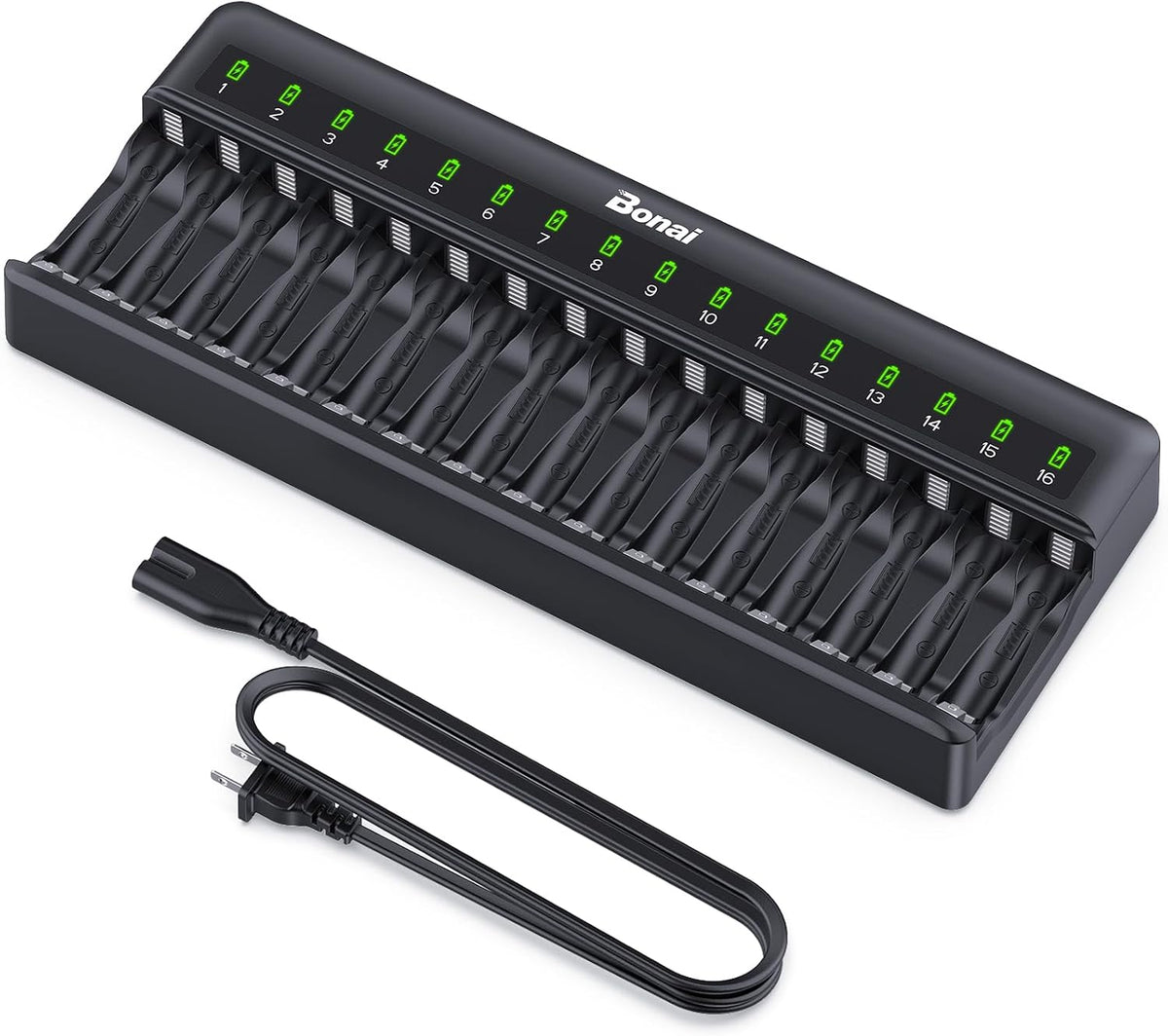 BONAI AA AAA Battery Charger 16 Bay para NiMH Rechargeable Batteries Independent Control con LED Light y Standard American AC carga Plug, Battery not Included - negro