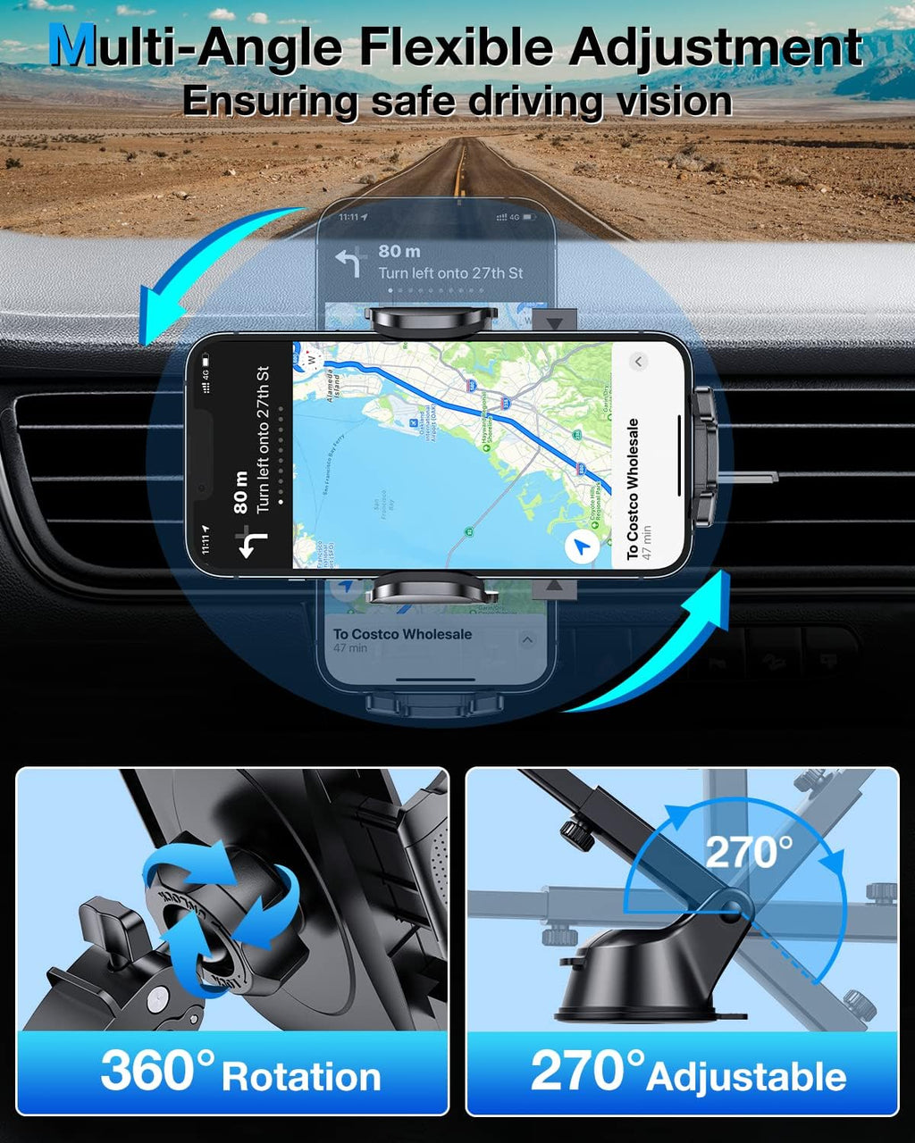 Soporte de teléfono celular para automóvil [potente ventosa] Soporte de teléfono azul zafiro para salpicadero, ventilación de aire, brazo largo, soporte de teléfono celular, funda gruesa, compatible con teléfonos pesados, azul
