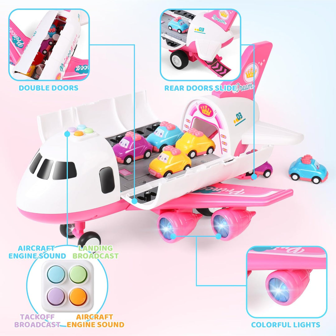 Dwi Dowellin Juguete de avión rosa con 6 camiones y tapete de juego...