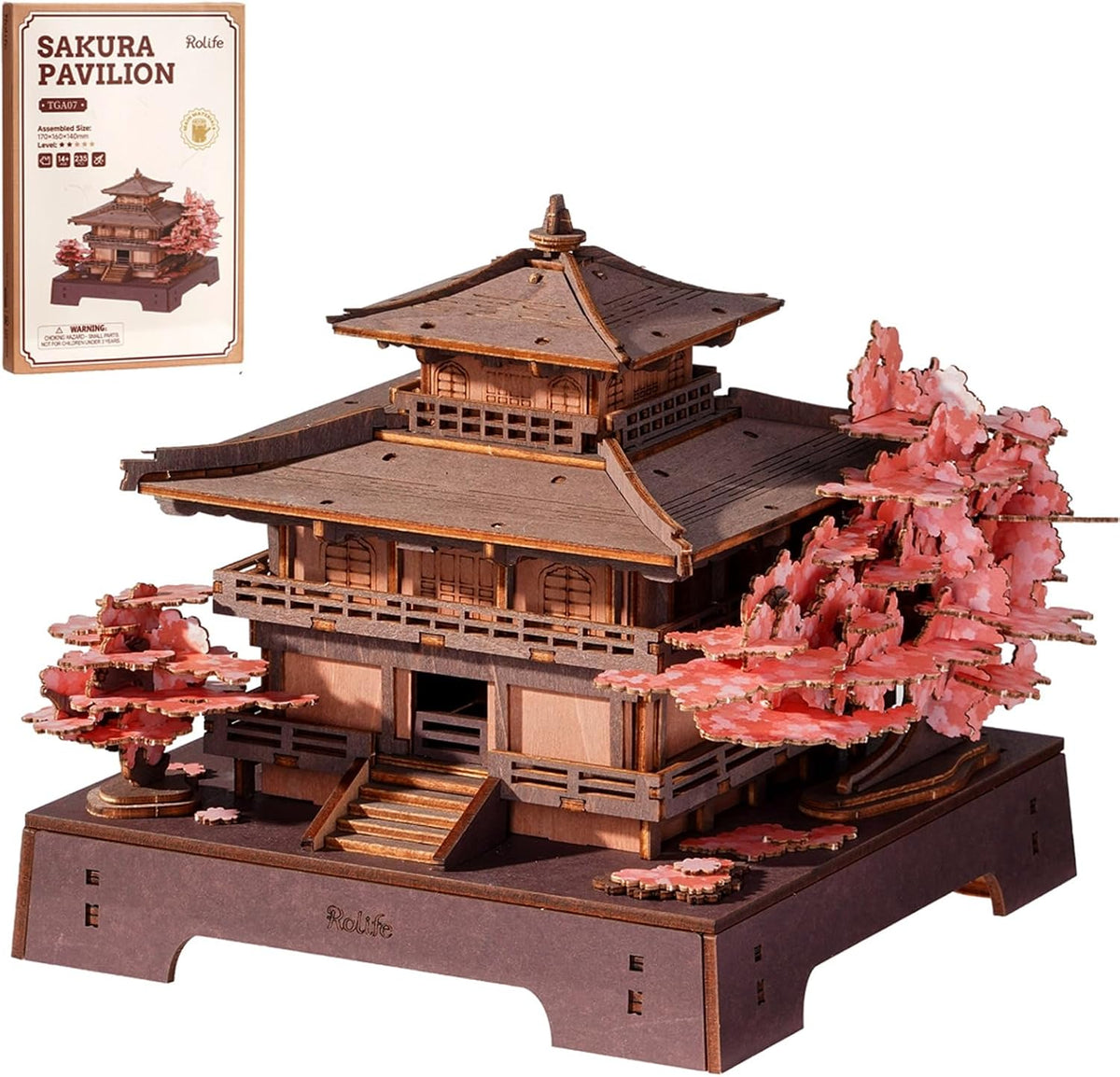 Rolife Rompecabezas de madera 3D Sakura Pavilion, modelo de arquitectura japonesa y kit de construcción de casas en miniatura para adultos, rompecabezas de madera de 235 piezas, decoración del hogar